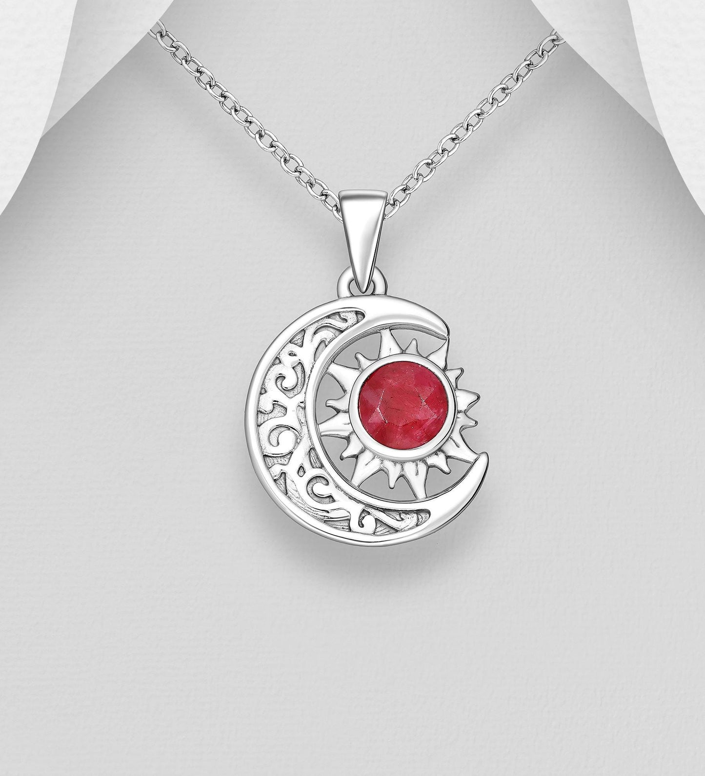 925 Sterling Silver Sun and Moon Pendant with Gemstone - 16 Inch Solid Silver Chain - High-Quality Celestial Jewelry Chic Necklace, Gift Her