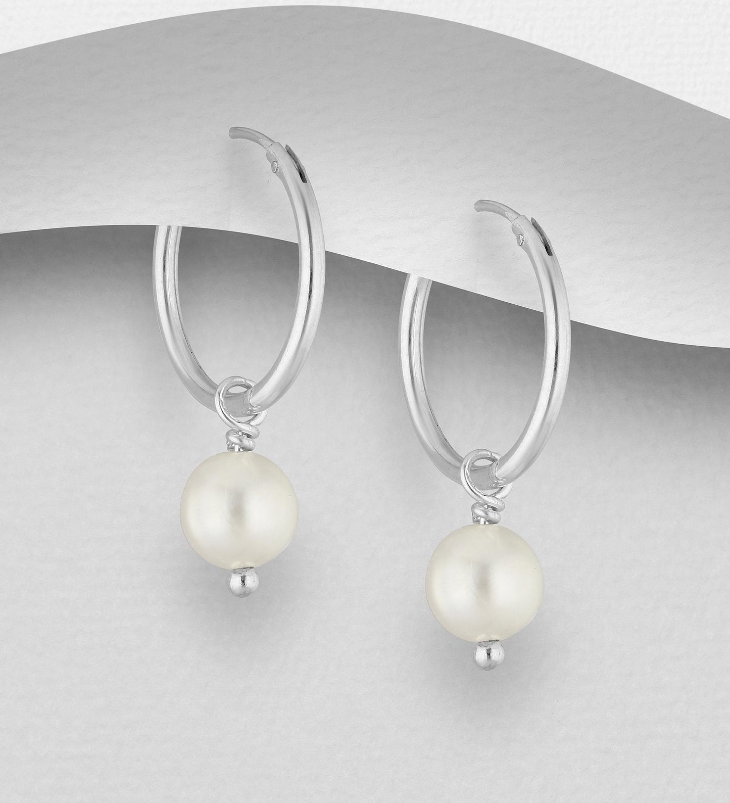 925 Sterling Silver Pearl Necklace & Hoop Earrings Set – 6-7mm Beaded with Freshwater Pearls (Black/White/Peach) – 15-17 Inch Silver Chain