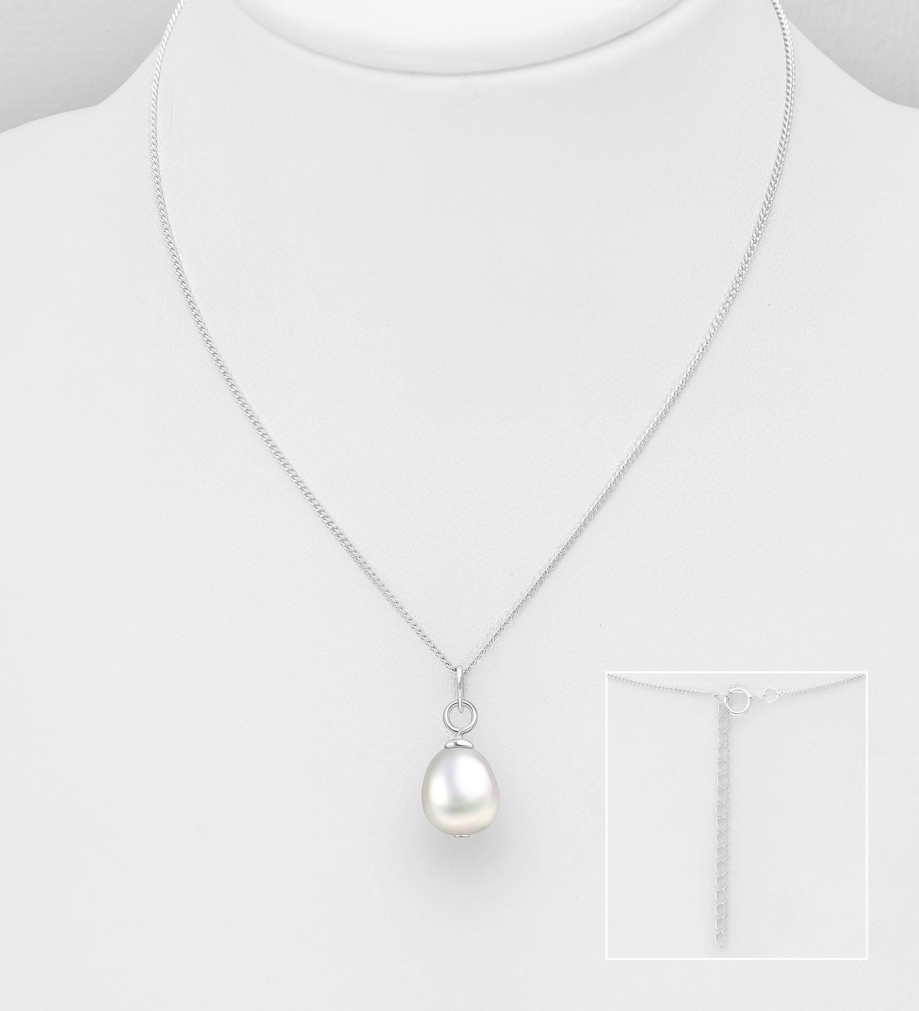 925 Sterling Silver Freshwater Pearl Necklace & Hook Earrings Set - 16-18" Chain, White Pearl - Elegant Jewelry Gift for Women