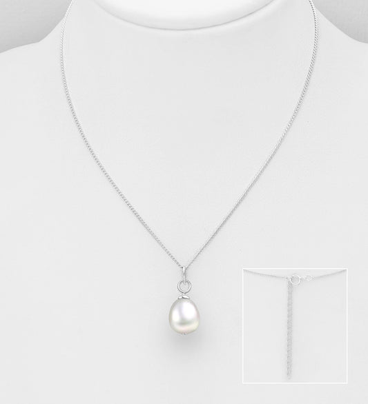 925 Sterling Silver Freshwater Pearl Necklace & Hook Earrings Set - 16-18" Chain, White Pearl - Elegant Jewelry Gift for Women