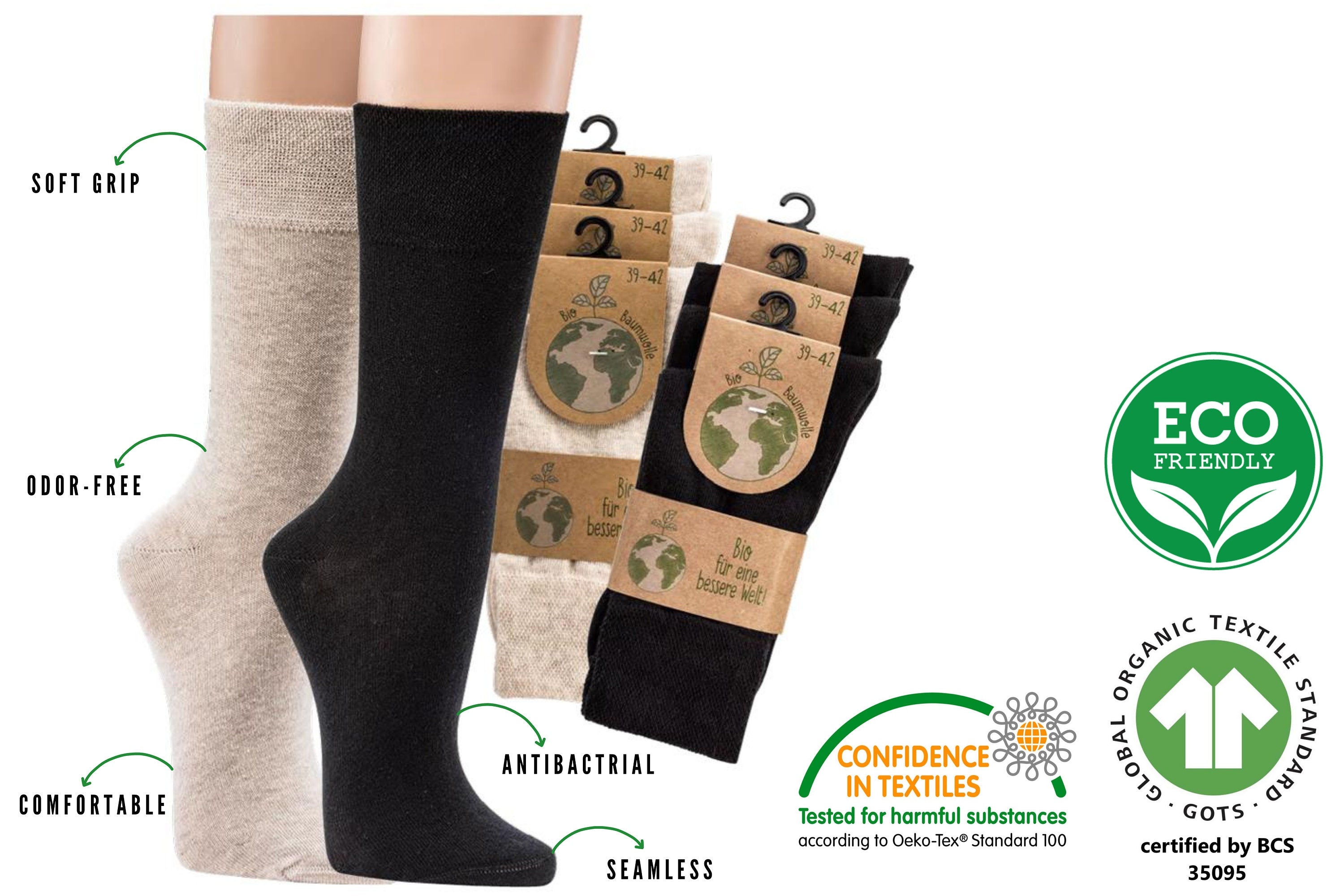 6X Classic Organic Cotton Dress Socks, Men & Women, Soft, Comfortable Calf, Organic Cotton, Basic, 3Black + 3Beige, Hand Linked, Seamless