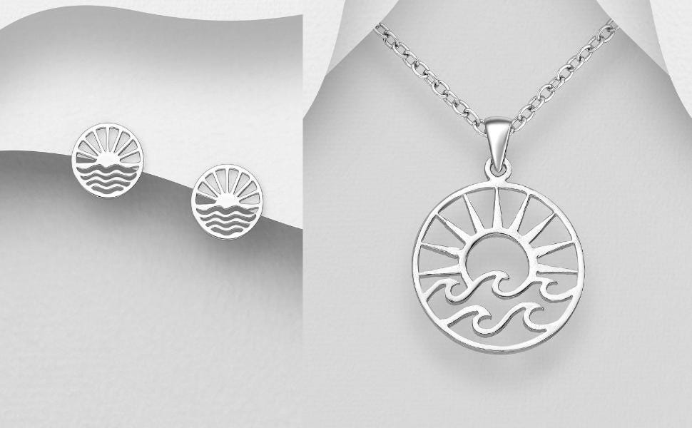 Sterling Silver Wave and Sun Pendant Necklace – 925 Silver 16" Chain – Boho Beach Jewelry, Nautical Gift, Handmade Dainty Silver Necklace