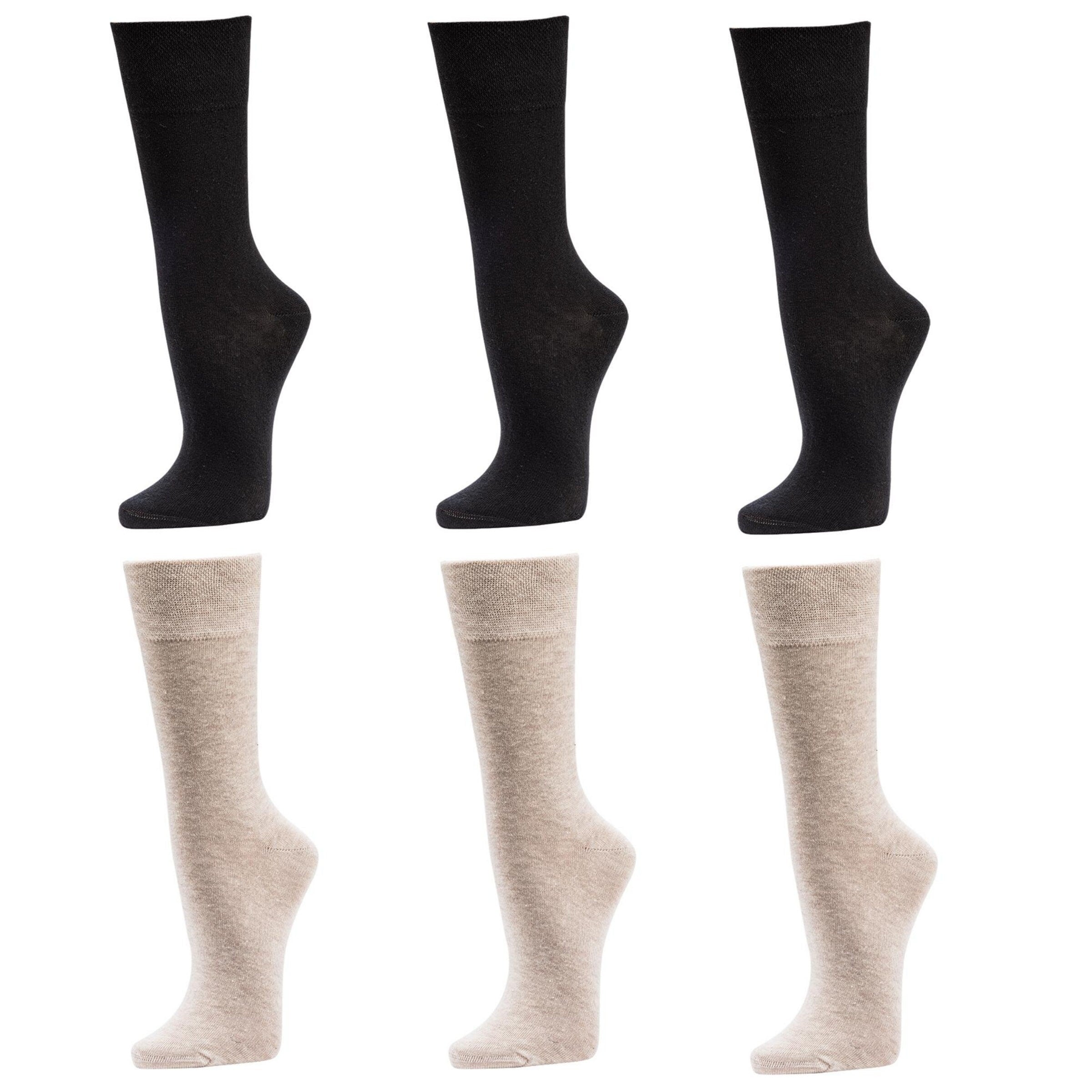 6X Classic Organic Cotton Dress Socks, Men & Women, Soft, Comfortable Calf, Organic Cotton, Basic, 3Black + 3Beige, Hand Linked, Seamless