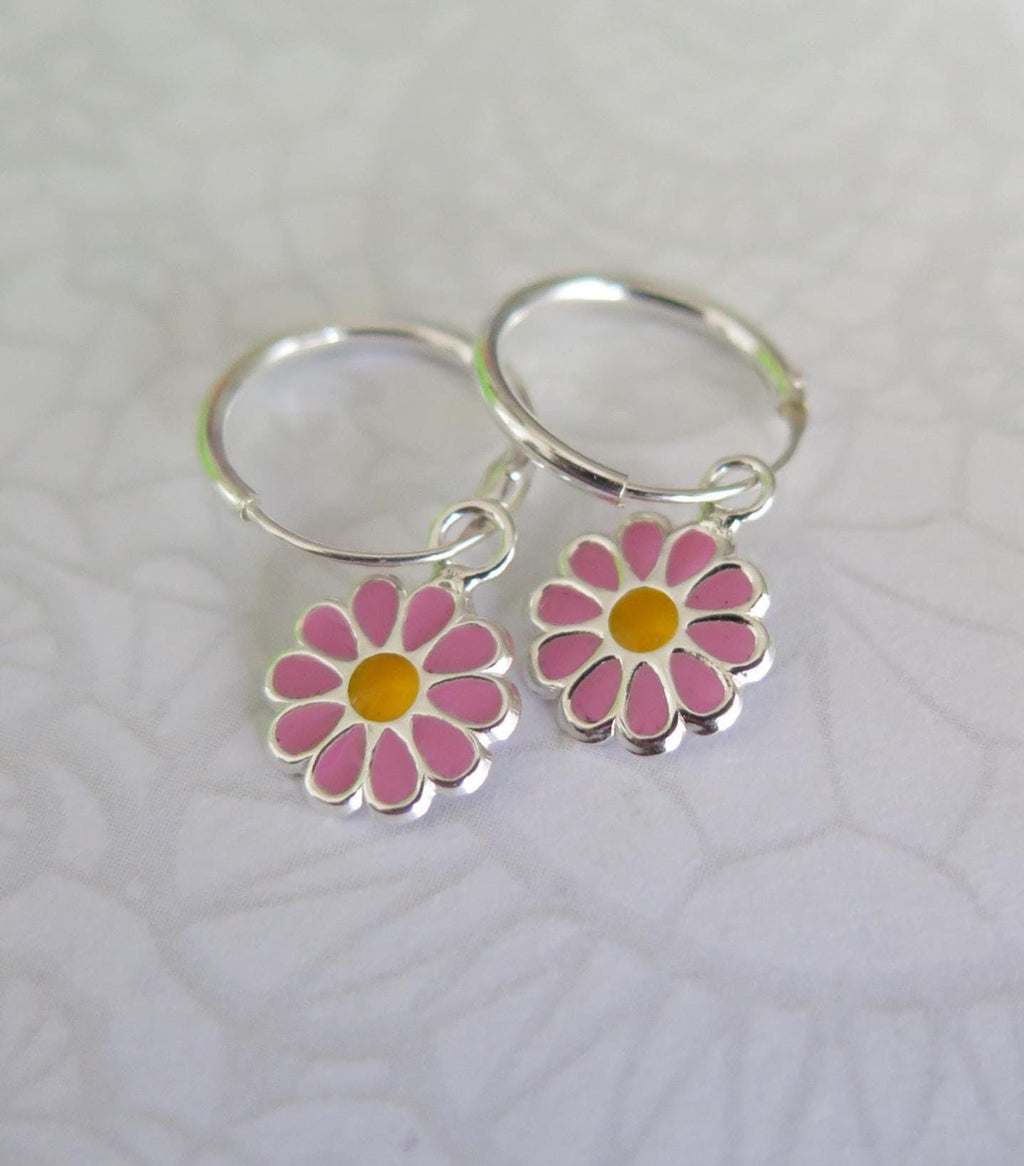 925 Sterling Silver Floral Hoop Earrings - Pink Red Purple Turquoise Enamel Flower Jewelry - Boho Gift for Women - Handmade Dainty Chic