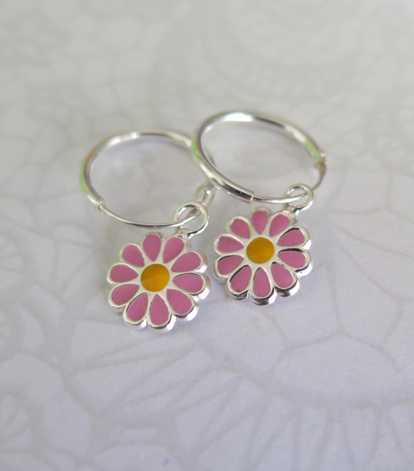 925 Sterling Silver Floral Hoop Earrings - Pink Red Purple Turquoise Enamel Flower Jewelry - Boho Gift for Women - Handmade Dainty Chic