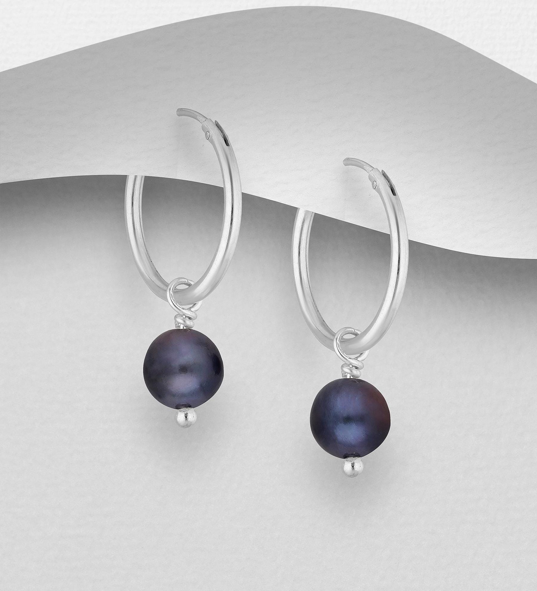 925 Sterling Silver Pearl Necklace & Hoop Earrings Set – 6-7mm Beaded with Freshwater Pearls (Black/White/Peach) – 15-17 Inch Silver Chain