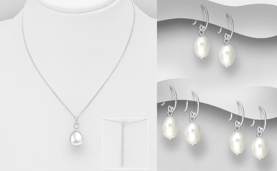 925 Sterling Silver Freshwater Pearl Necklace & Hook Earrings Set - 16-18" Chain, White Pearl - Elegant Jewelry Gift for Women
