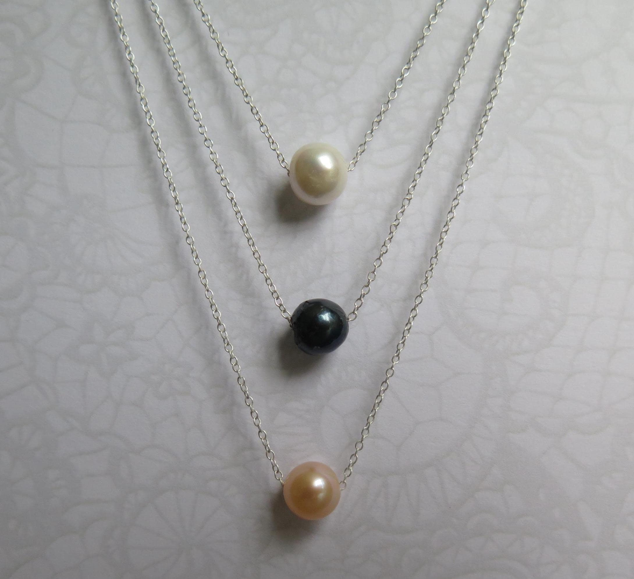 925 Sterling Silver Pearl Necklace & Hoop Earrings Set – 6-7mm Beaded with Freshwater Pearls (Black/White/Peach) – 15-17 Inch Silver Chain