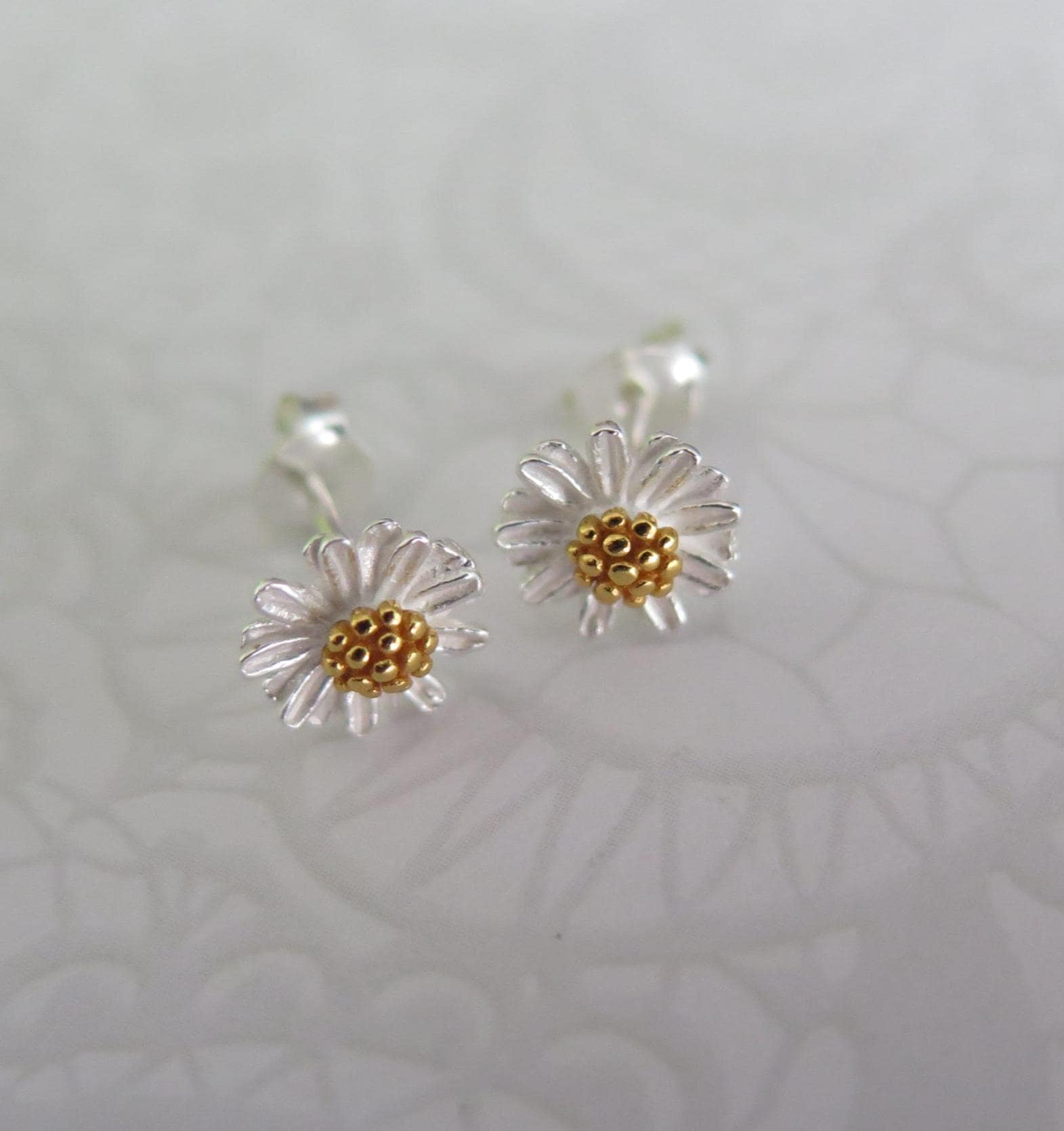Dainty Floral Stud Earrings – 925 Sterling Silver with 18K Yellow Gold Plated – Push Back Flower Earrings – Minimalist Gold Plated Jewelry