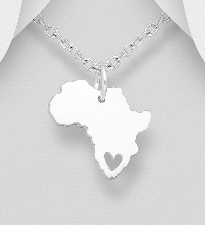 I Love Africa Heart Cutout Pendant - 925 Sterling Silver with 16in Silver Chain - Minimalist African Jewelry - gift for her