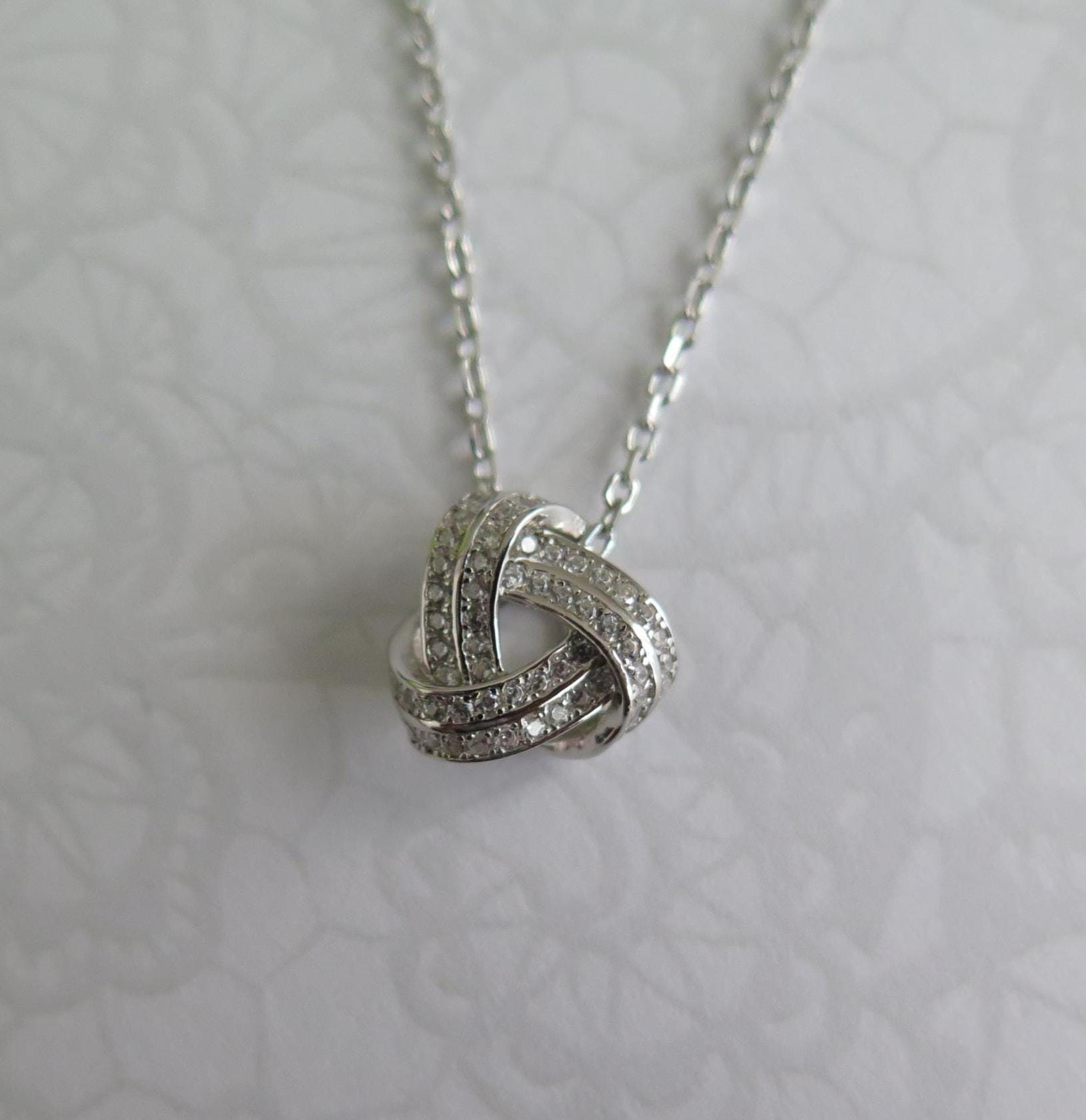 Celestial Knot Necklace - Sterling Silver w/ CZ Diamonds, Rhodium Plated, 16.5-17.5" Chain, Dainty Matching Jewelry - Matching Earrings