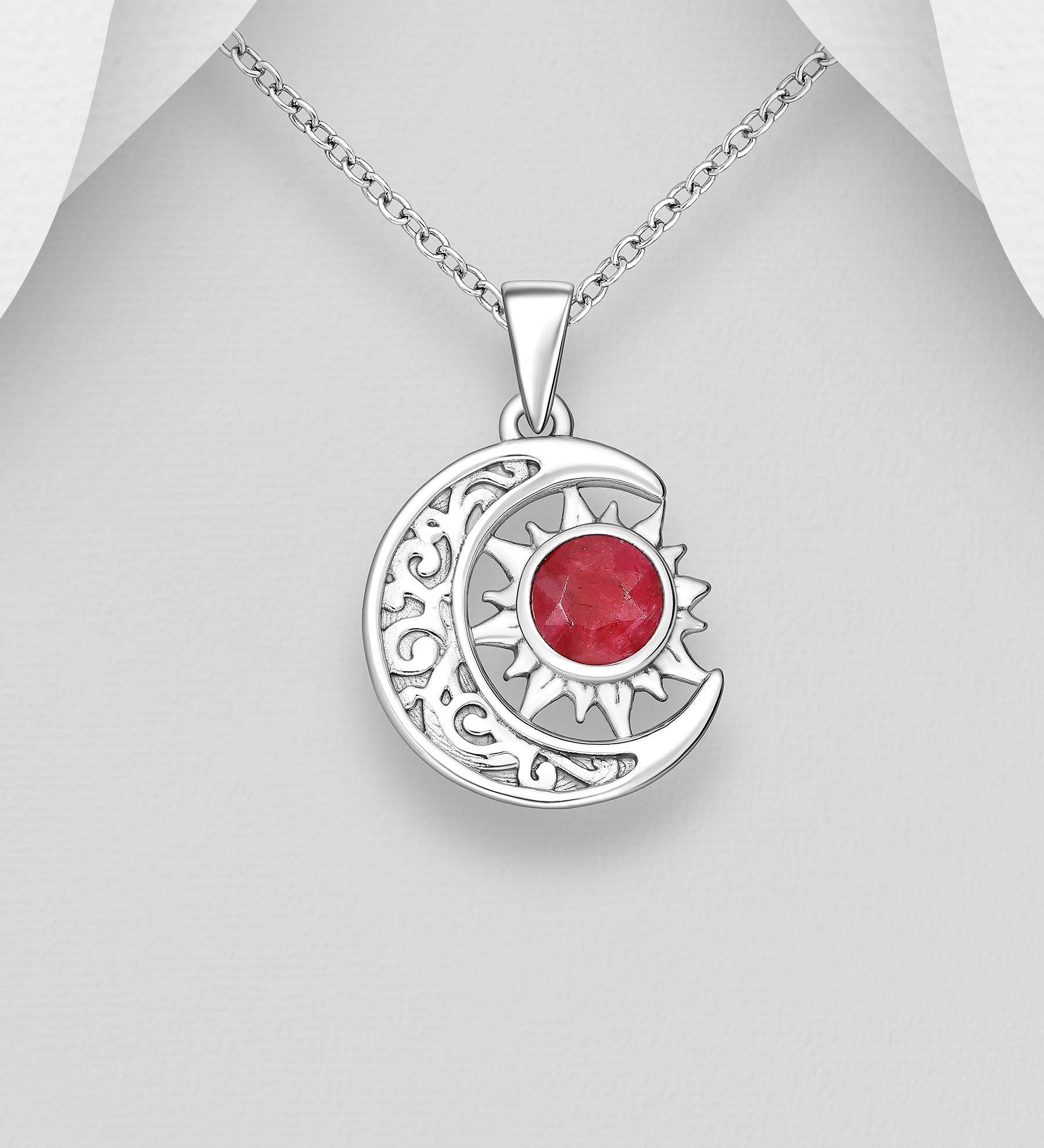 925 Sterling Silver Sun and Moon Pendant with Gemstone - 16 Inch Solid Silver Chain - High-Quality Celestial Jewelry Chic Necklace, Gift Her