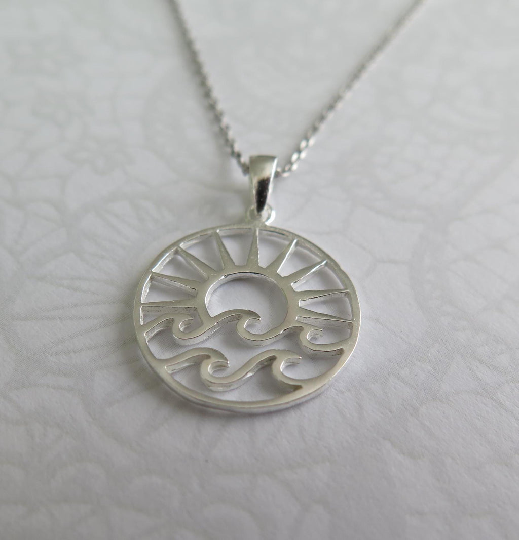 Sterling Silver Wave and Sun Pendant Necklace – 925 Silver 16" Chain – Boho Beach Jewelry, Nautical Gift, Handmade Dainty Silver Necklace