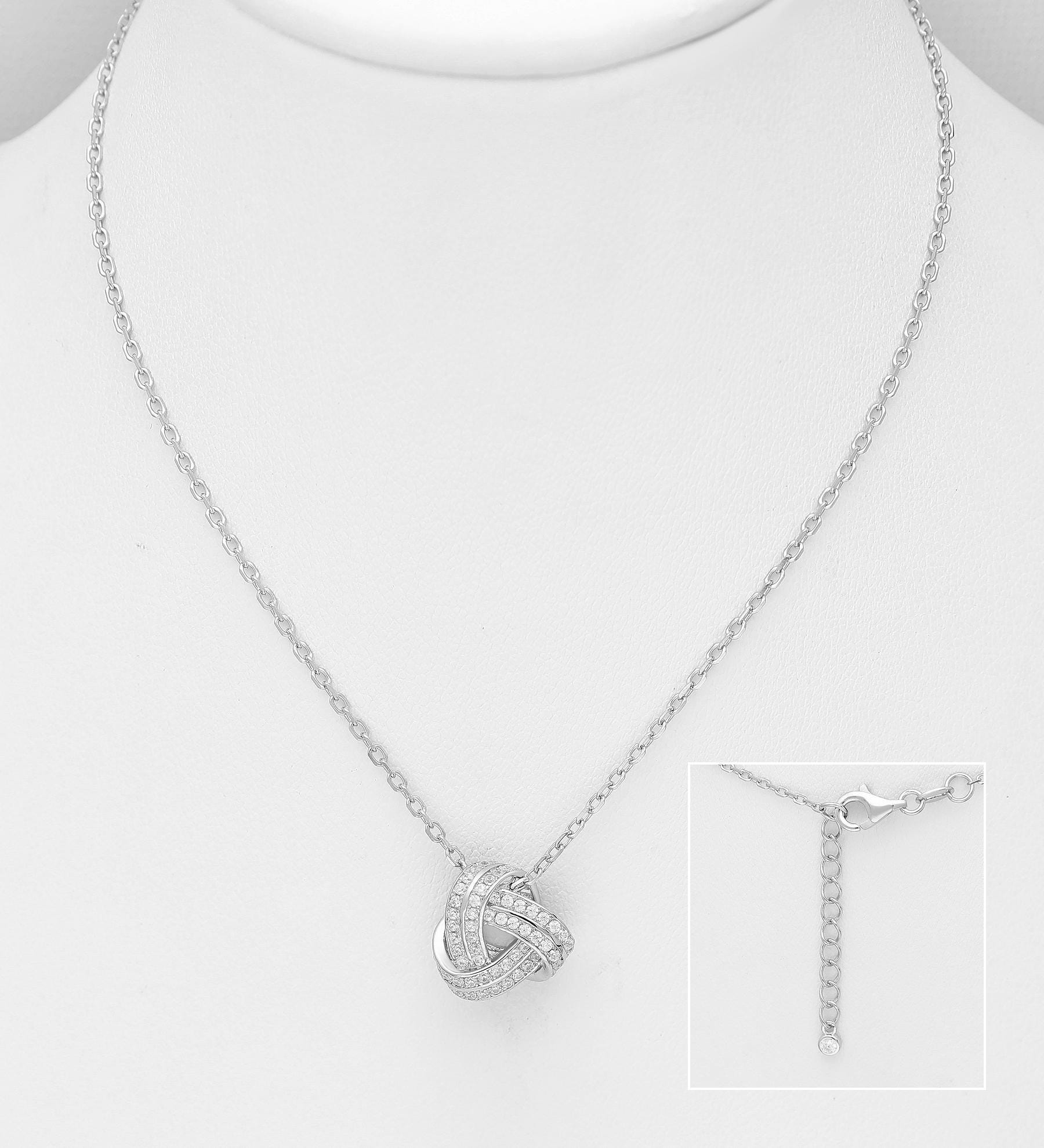 Celestial Knot Necklace - Sterling Silver w/ CZ Diamonds, Rhodium Plated, 16.5-17.5" Chain, Dainty Matching Jewelry - Matching Earrings