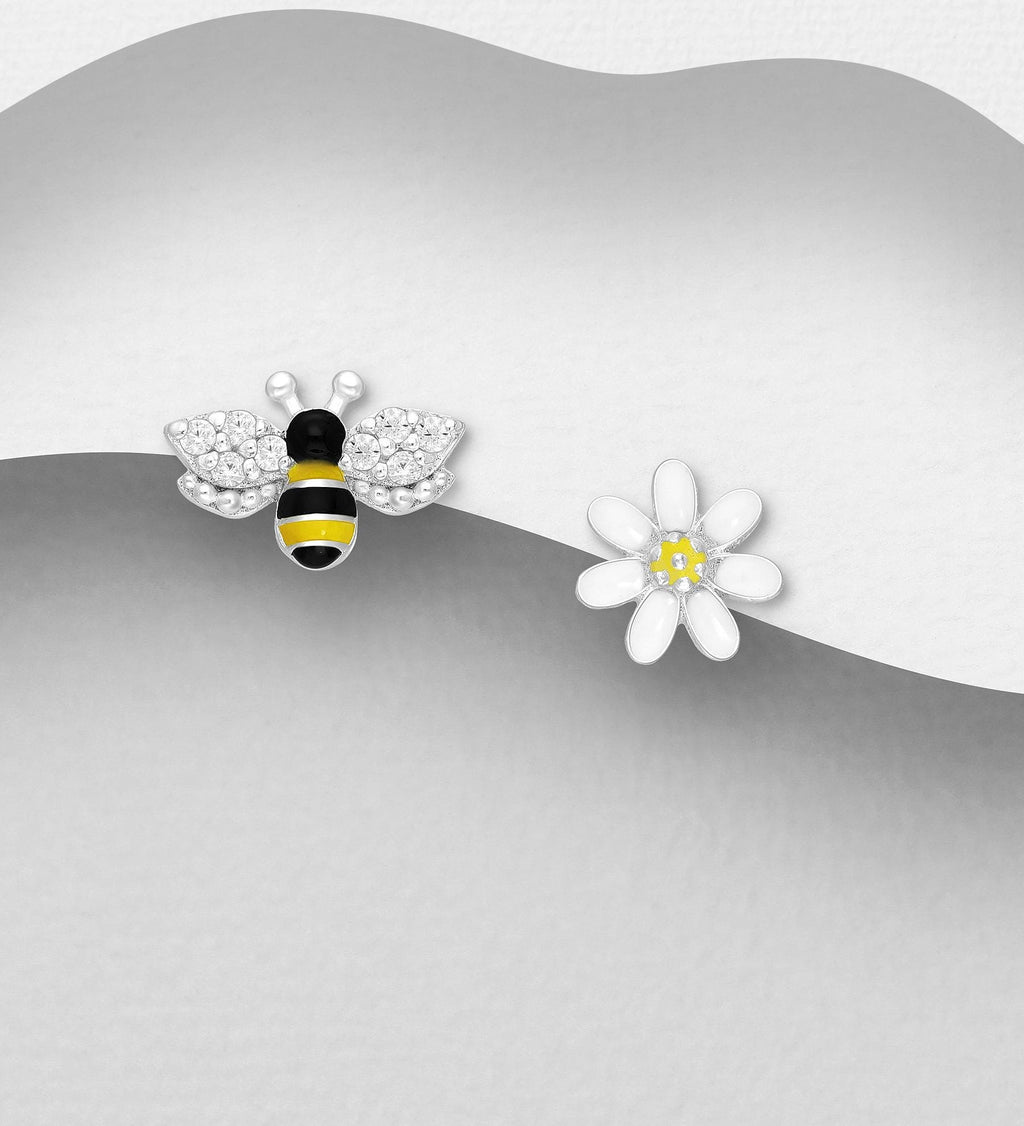 925 Sterling Silver Bee & Flower Push Back Earrings – Enamel Color and CZ Diamond Studs – Dainty Nature-Inspired Jewelry, Two-Tone Elegance