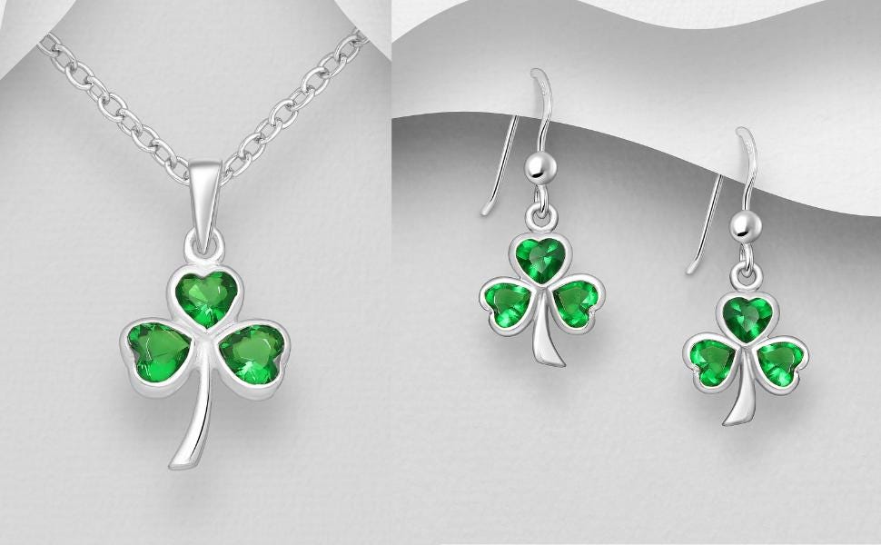Shamrock Pendant Necklace with Earrings –  Emerald Crystal Gemstone, 925 Sterling Silver Clover Charm, 18 Inch Chain, Minimalist Boho Gift