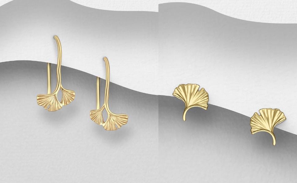 Ginkgo Leaf Hoop Earrings - 925 Sterling Silver - 14K Gold Plated - Push Back &  Hoops - Minimalist Nature Jewelry Gift - Gift for Her