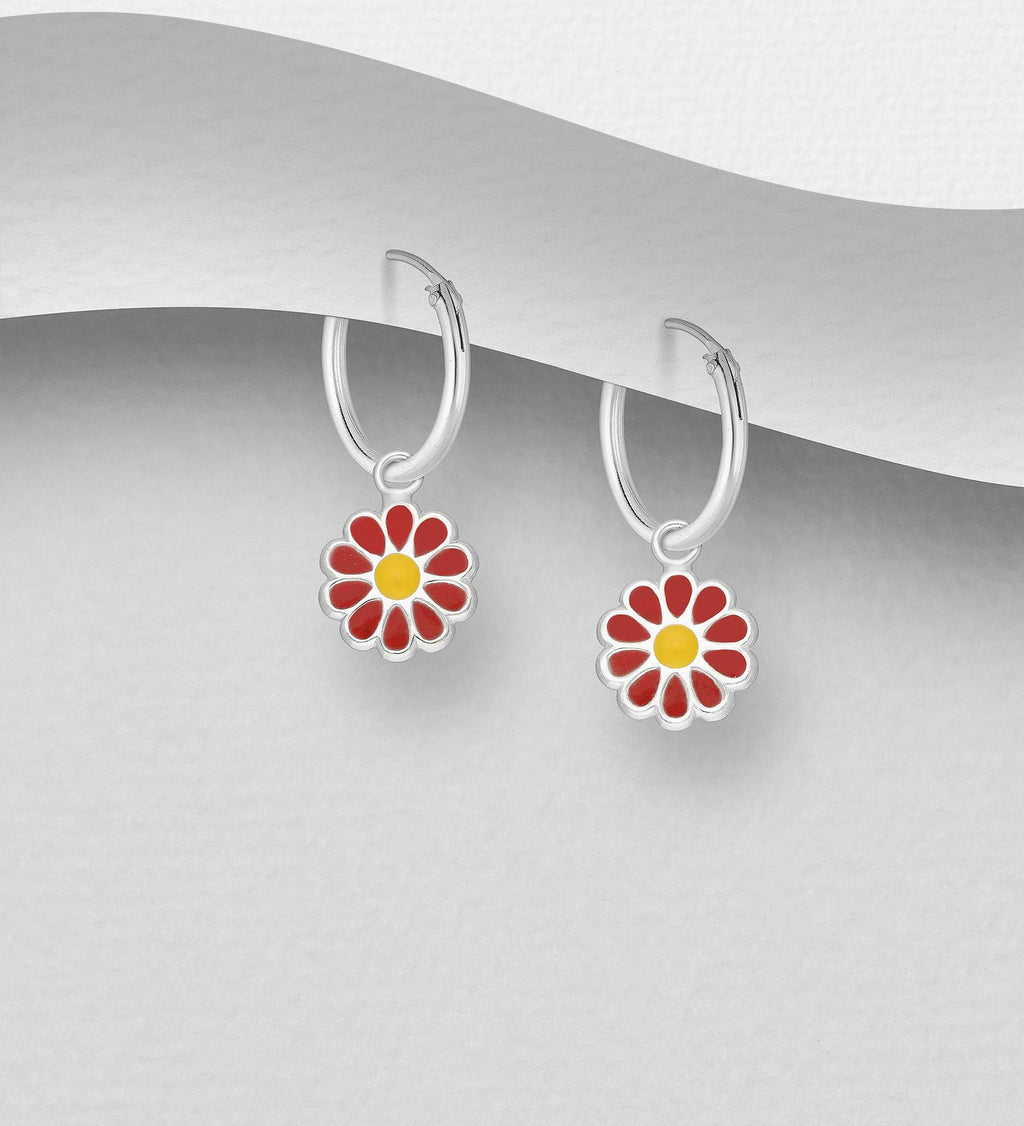 925 Sterling Silver Floral Hoop Earrings - Pink Red Purple Turquoise Enamel Flower Jewelry - Boho Gift for Women - Handmade Dainty Chic