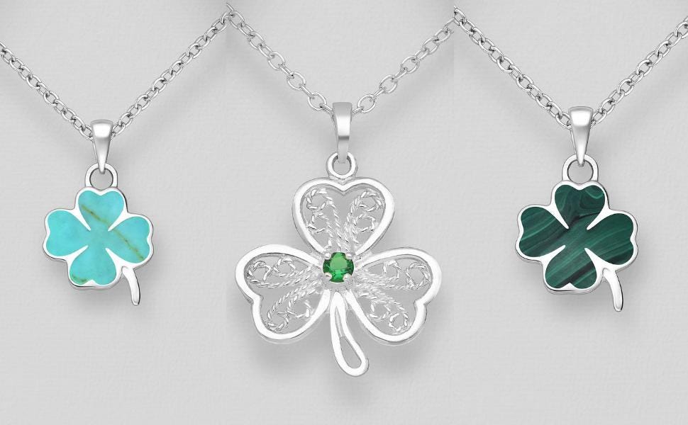 Shamrock Pendant with 18 Inch Chain – Green and Turquoise Gemstone, 925 Silver Lucky Clover Necklace, Charm Minimalist Boho Gift, Shamrock