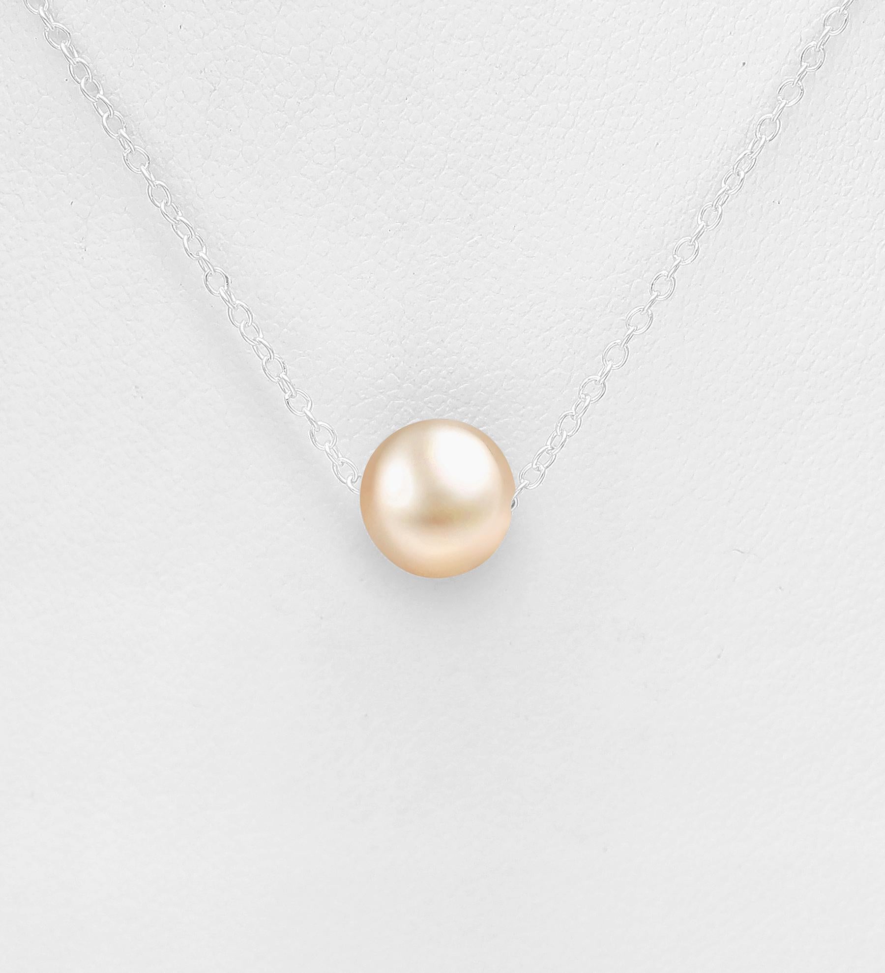 925 Sterling Silver Pearl Necklace & Hoop Earrings Set – 6-7mm Beaded with Freshwater Pearls (Black/White/Peach) – 15-17 Inch Silver Chain