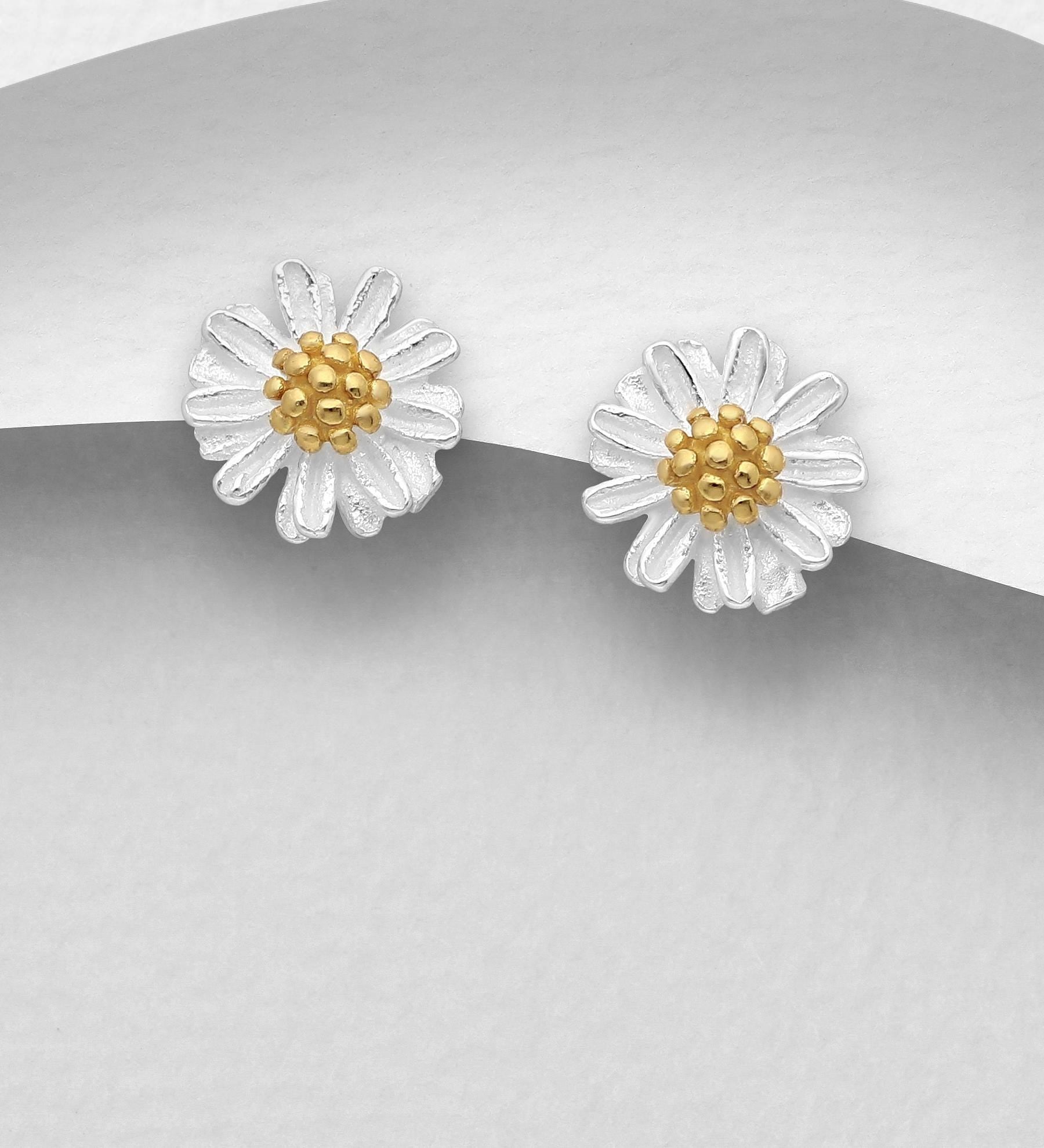 Dainty Floral Stud Earrings – 925 Sterling Silver with 18K Yellow Gold Plated – Push Back Flower Earrings – Minimalist Gold Plated Jewelry