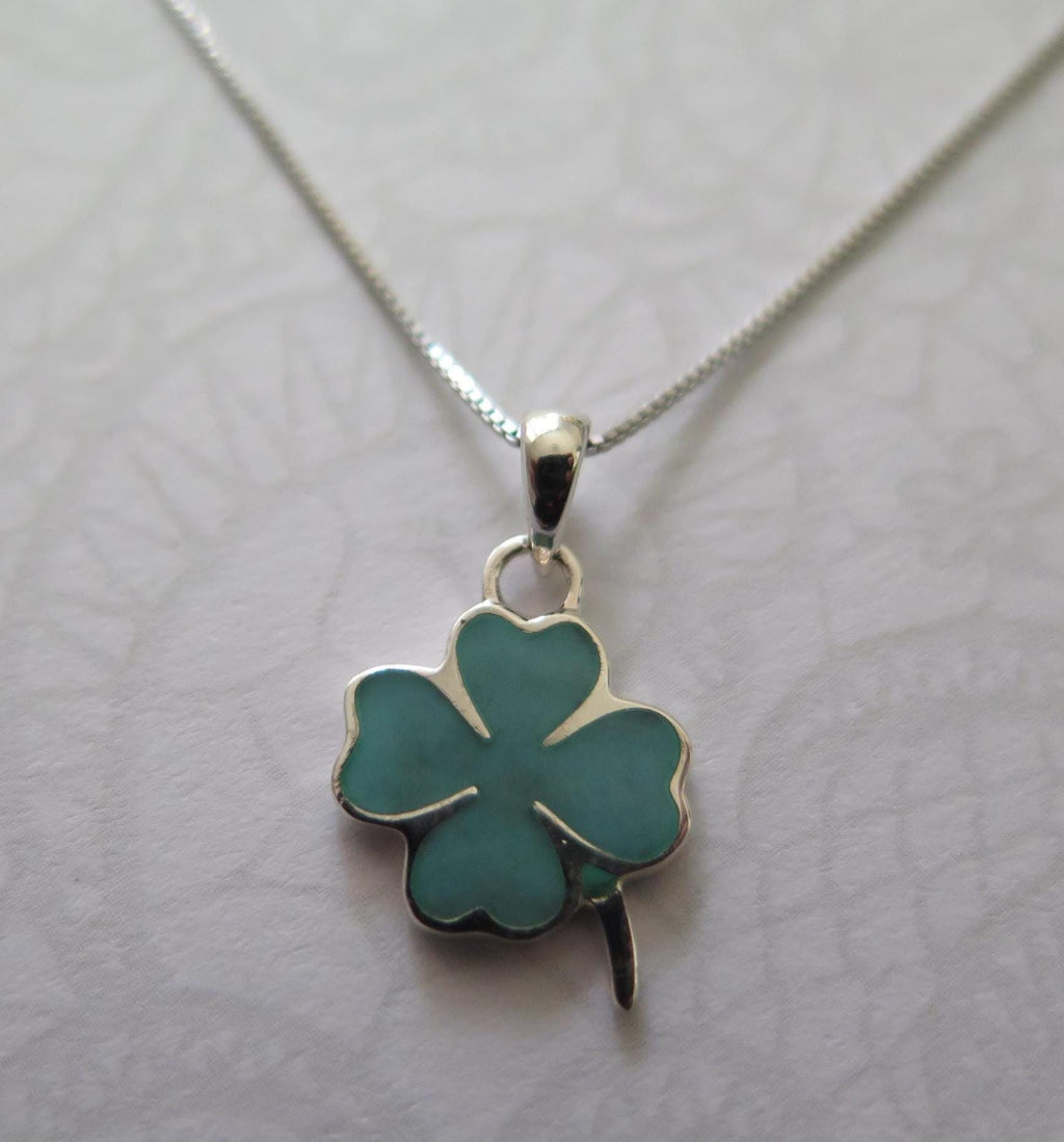 Shamrock Pendant with 18 Inch Chain – Green and Turquoise Gemstone, 925 Silver Lucky Clover Necklace, Charm Minimalist Boho Gift, Shamrock