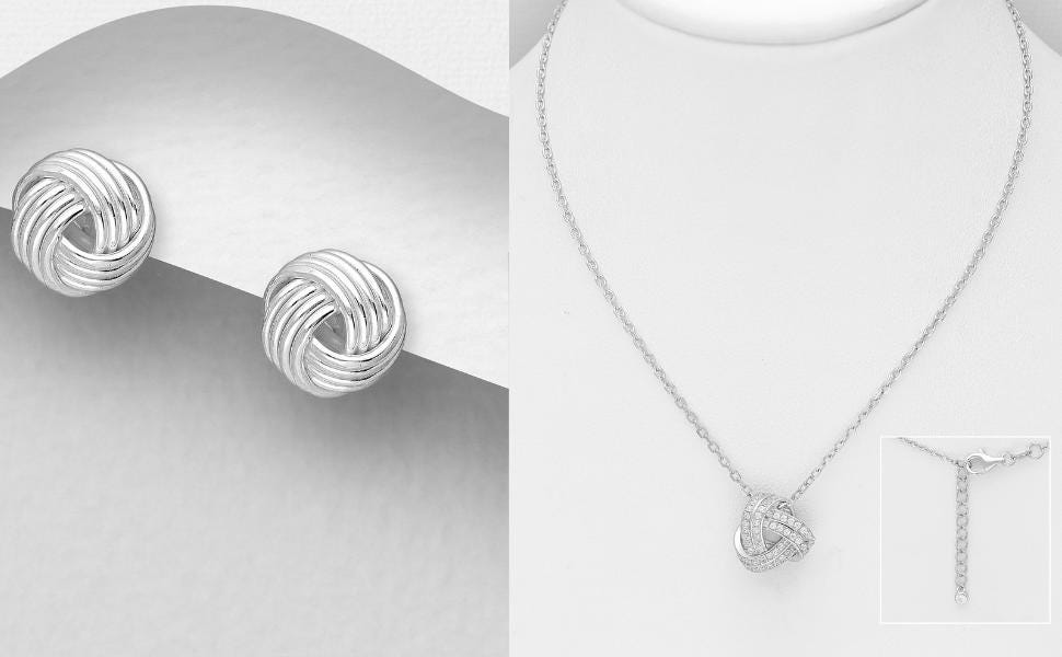 Celestial Knot Necklace - Sterling Silver w/ CZ Diamonds, Rhodium Plated, 16.5-17.5" Chain, Dainty Matching Jewelry - Matching Earrings