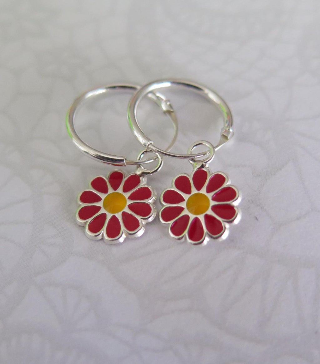 925 Sterling Silver Floral Hoop Earrings - Pink Red Purple Turquoise Enamel Flower Jewelry - Boho Gift for Women - Handmade Dainty Chic