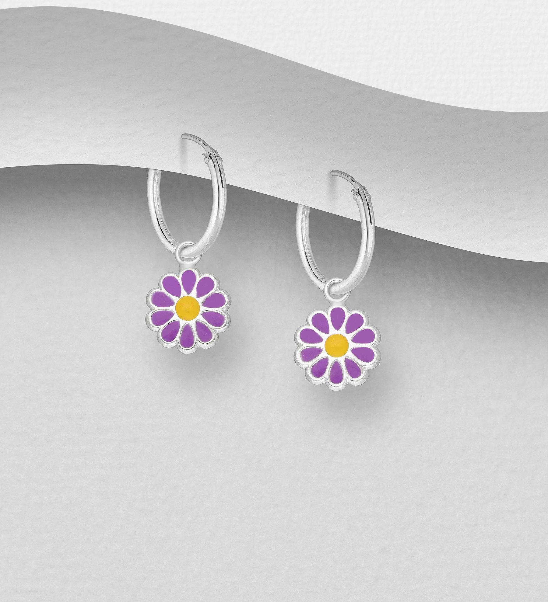925 Sterling Silver Floral Hoop Earrings - Pink Red Purple Turquoise Enamel Flower Jewelry - Boho Gift for Women - Handmade Dainty Chic