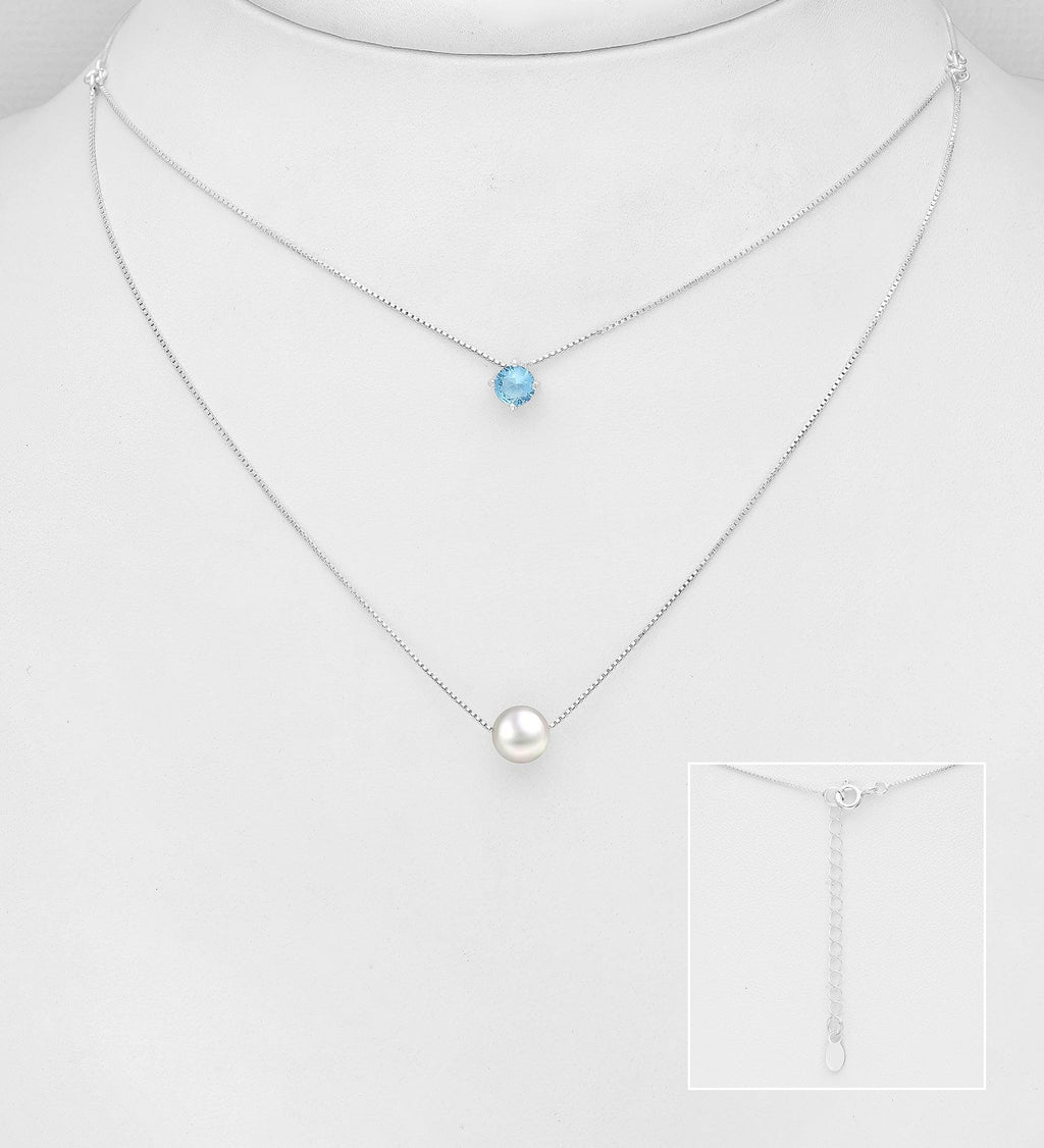 925 Sterling Silver Choker Necklace - Elegant CZ Simulated Diamond & Freshwater Pearl | 15.5-17 Inch | Dainty Layering Piece, Gift for Her