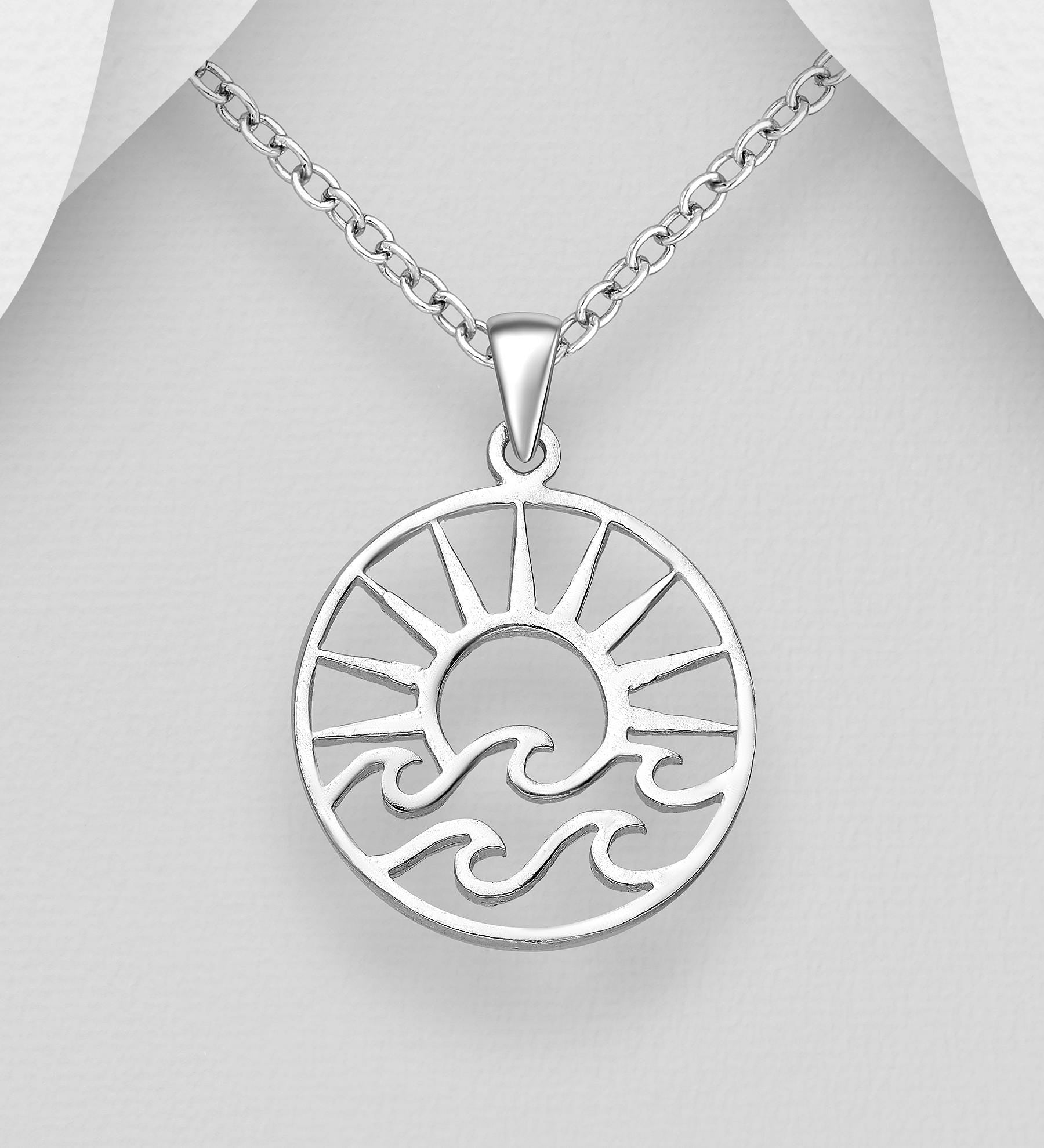 Sterling Silver Wave and Sun Pendant Necklace – 925 Silver 16" Chain – Boho Beach Jewelry, Nautical Gift, Handmade Dainty Silver Necklace