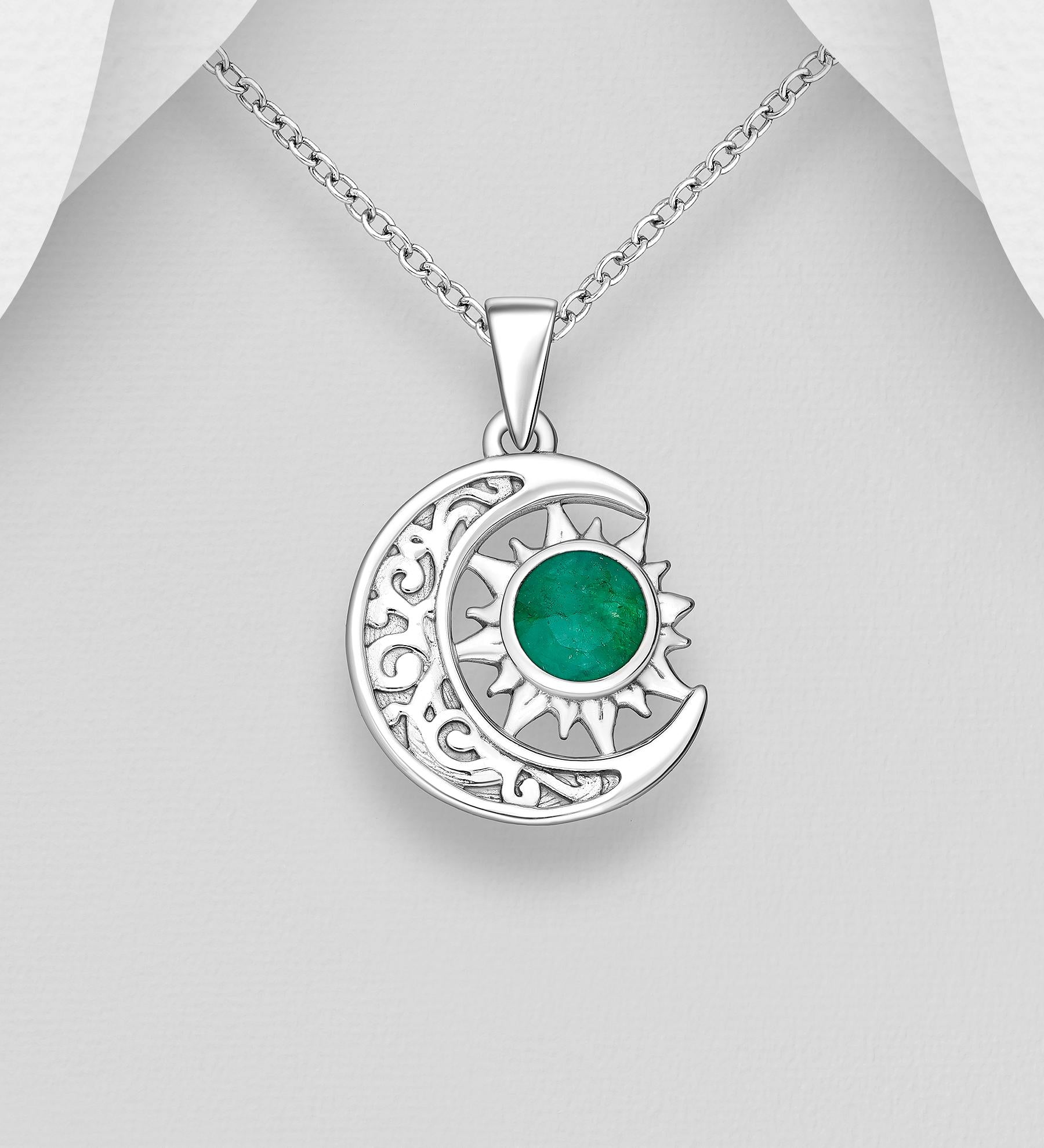 925 Sterling Silver Sun and Moon Pendant with Gemstone - 16 Inch Solid Silver Chain - High-Quality Celestial Jewelry Chic Necklace, Gift Her