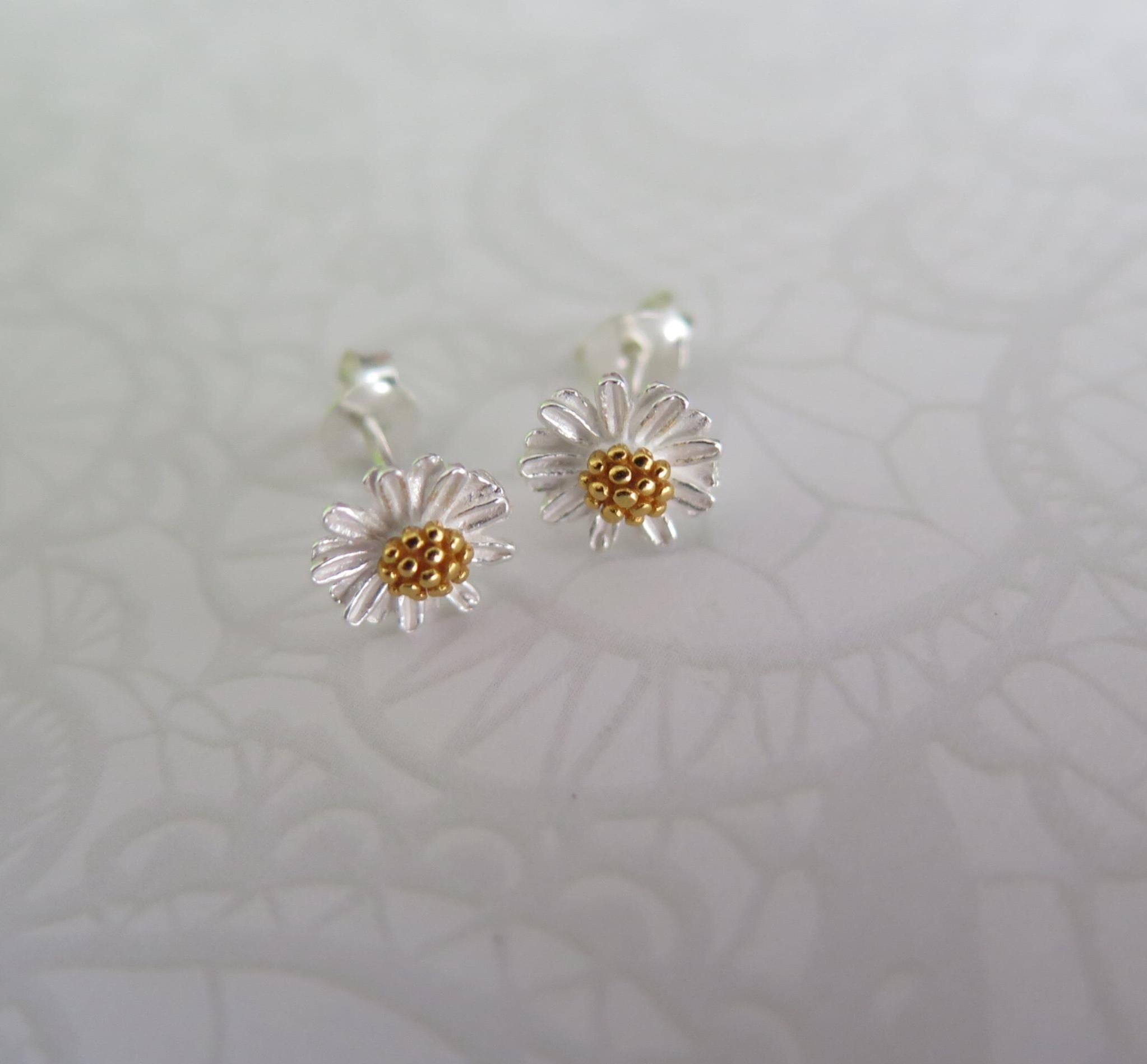 Dainty Floral Stud Earrings – 925 Sterling Silver with 18K Yellow Gold Plated – Push Back Flower Earrings – Minimalist Gold Plated Jewelry