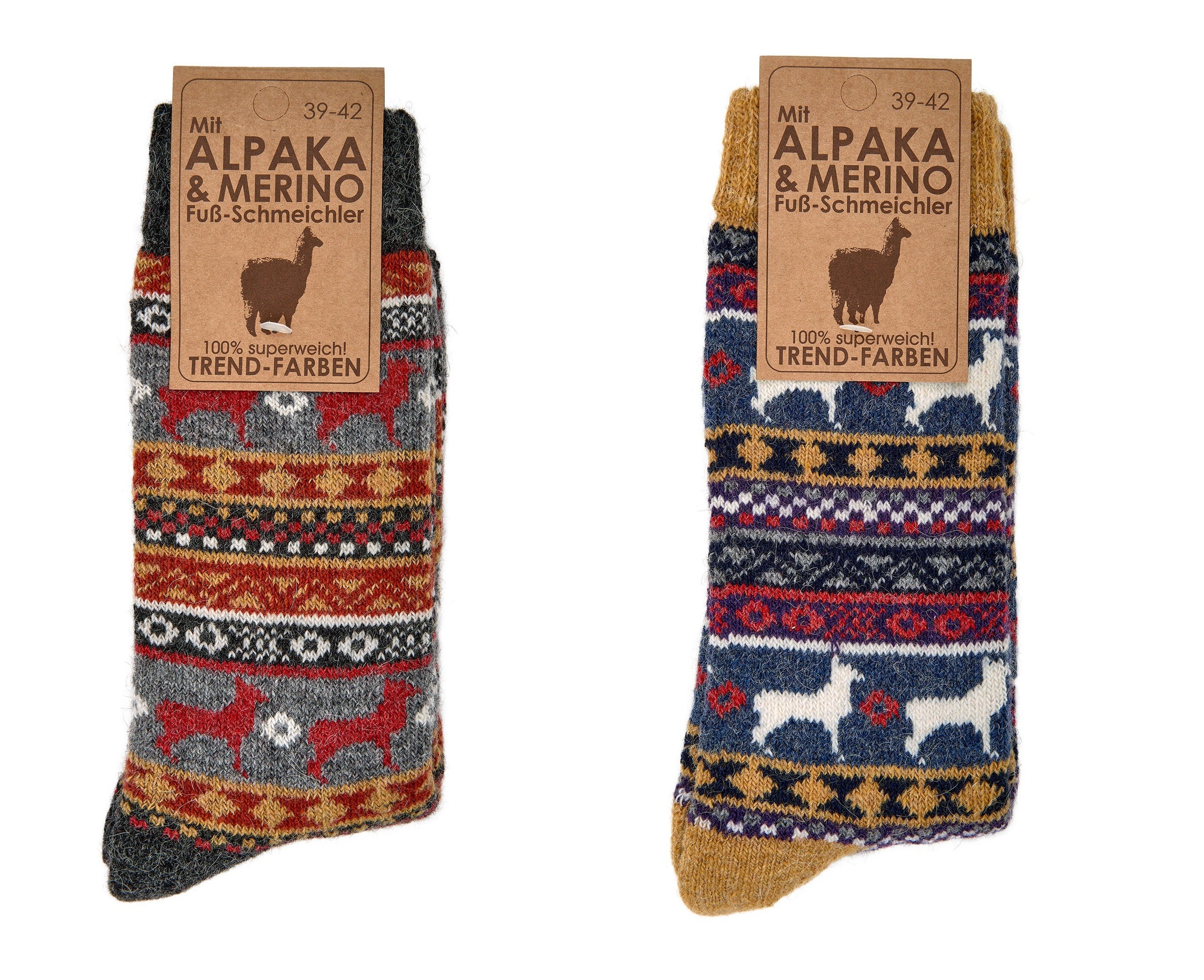 2 Pairs of Merino & Alpaca Wool Peruvian Pattern, Norwegian Wool Socks for Men and women