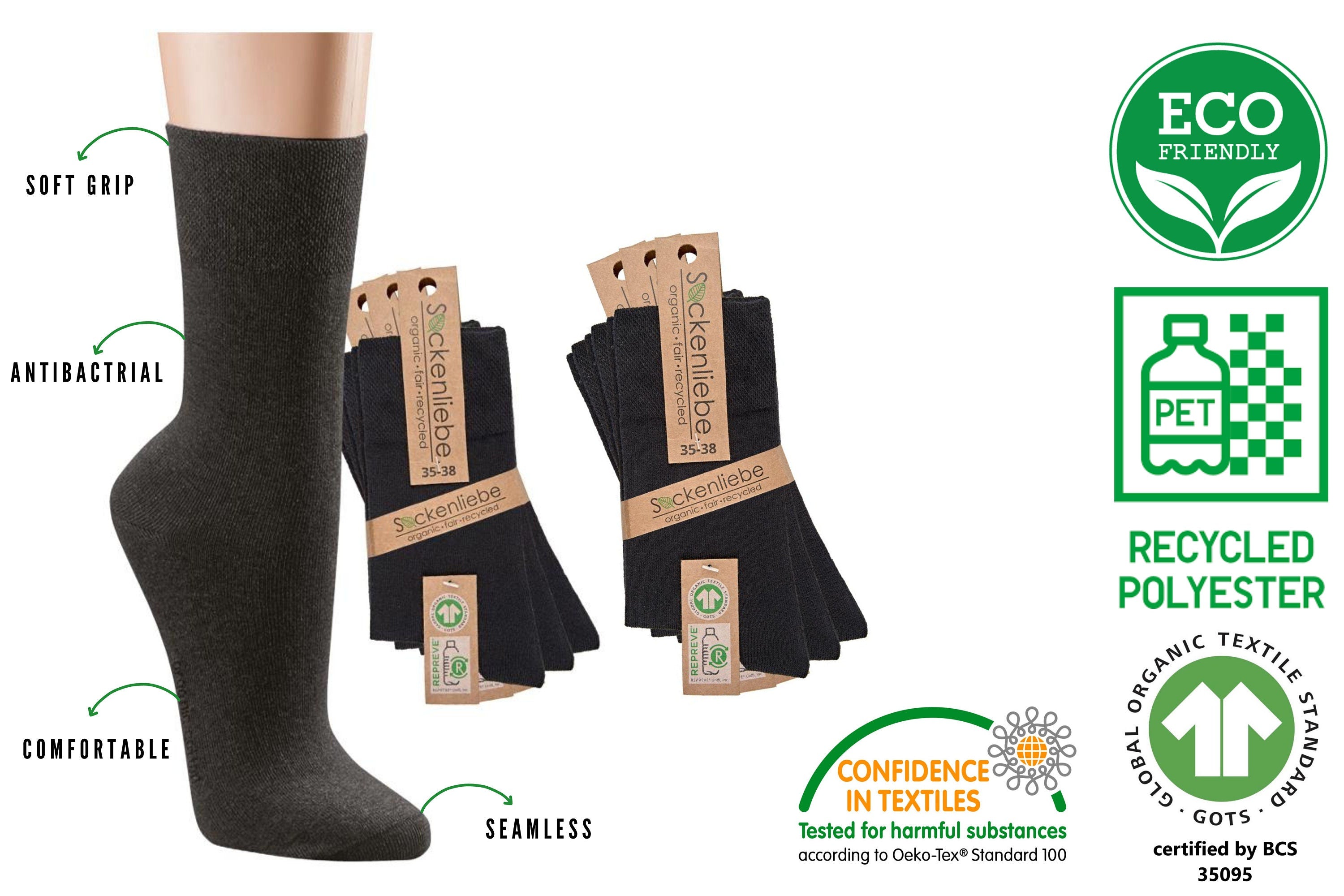 6 Pack Classic Organic Cotton and Recycled PET Bottles Dress Socks, for Men & Women, Soft, Breathable, Basic Black, Hand Linked, Seamless