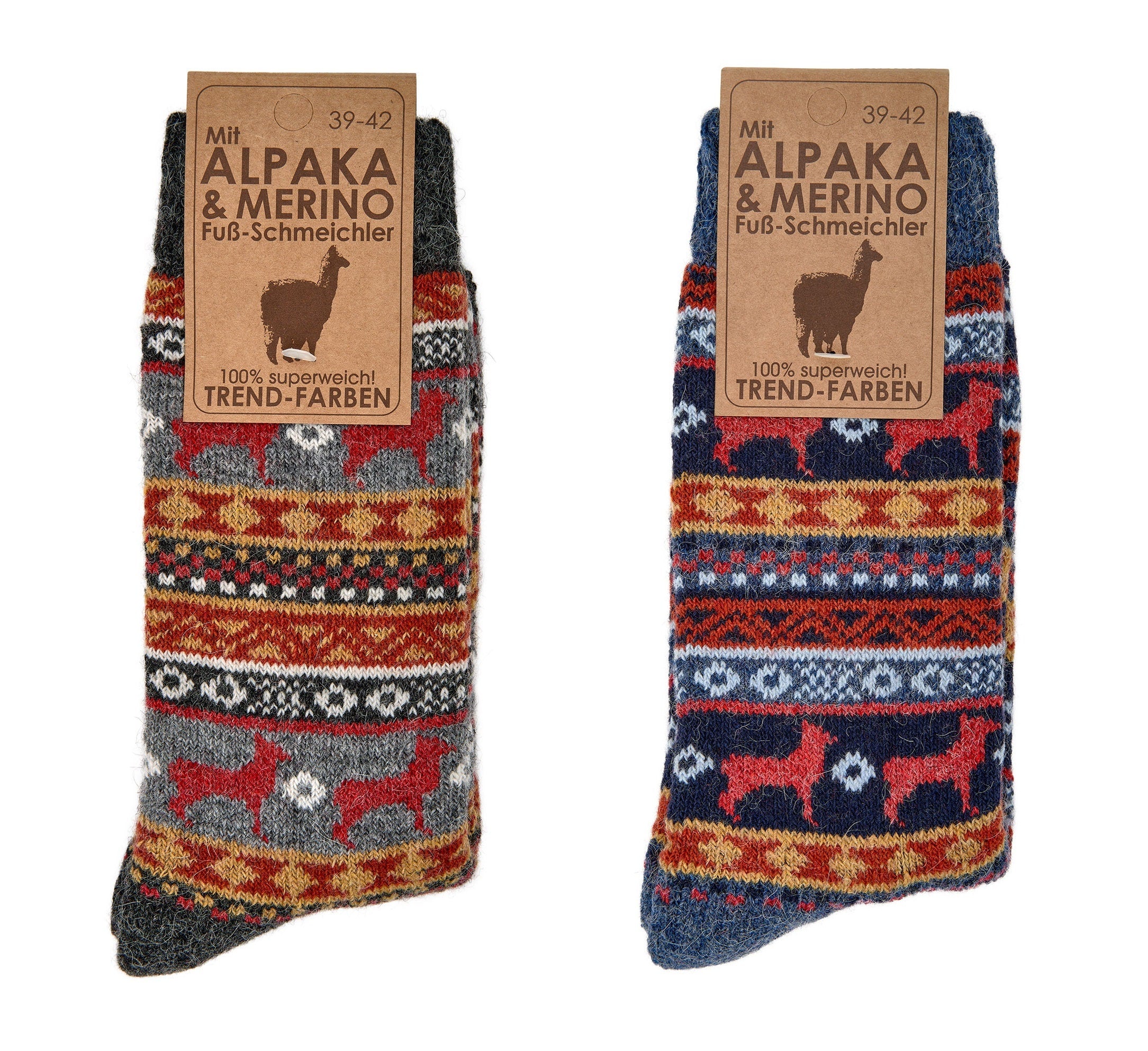 2 Pairs of Merino & Alpaca Wool Peruvian Pattern, Norwegian Wool Socks for Men and women
