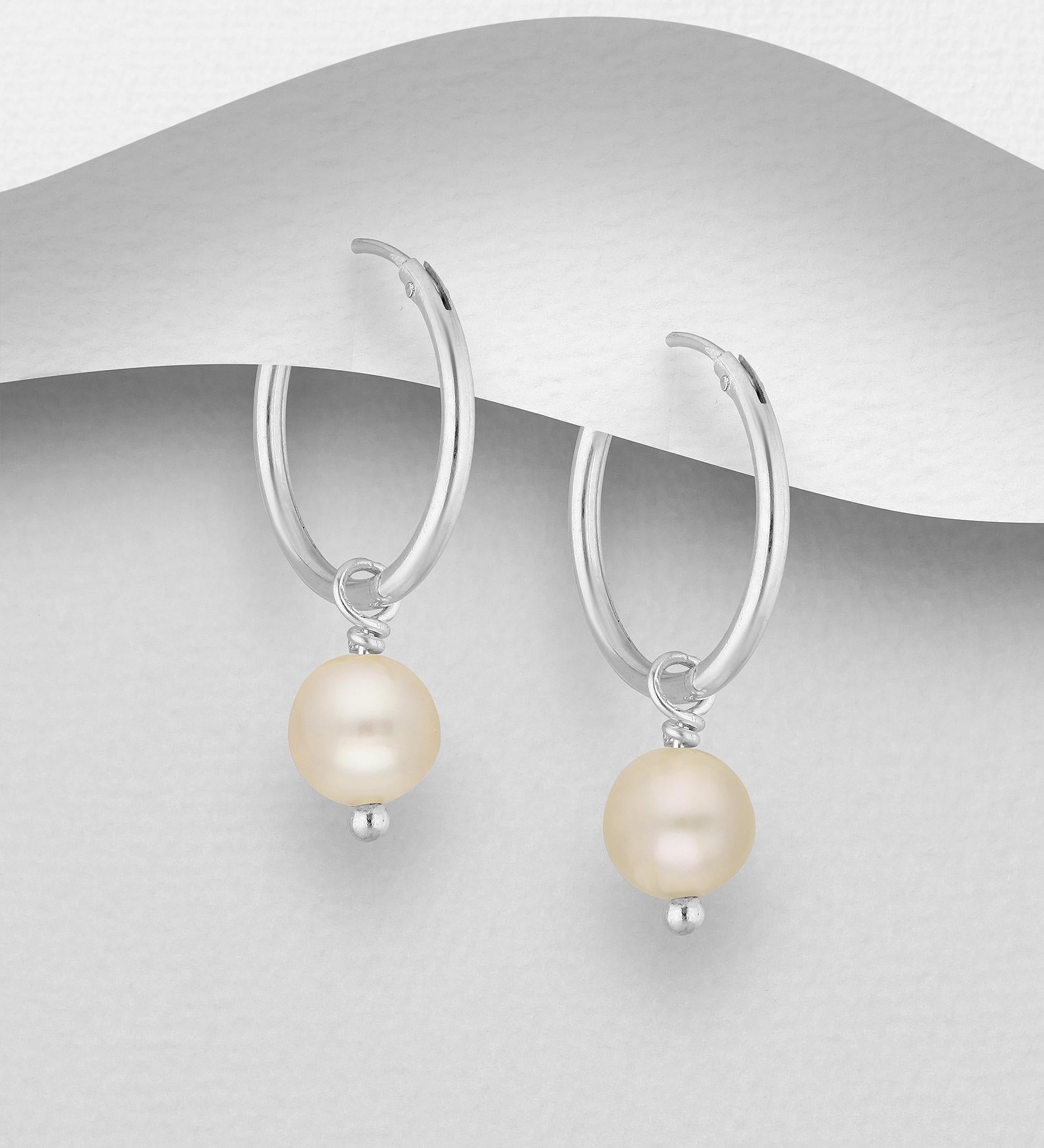 925 Sterling Silver Pearl Necklace & Hoop Earrings Set – 6-7mm Beaded with Freshwater Pearls (Black/White/Peach) – 15-17 Inch Silver Chain