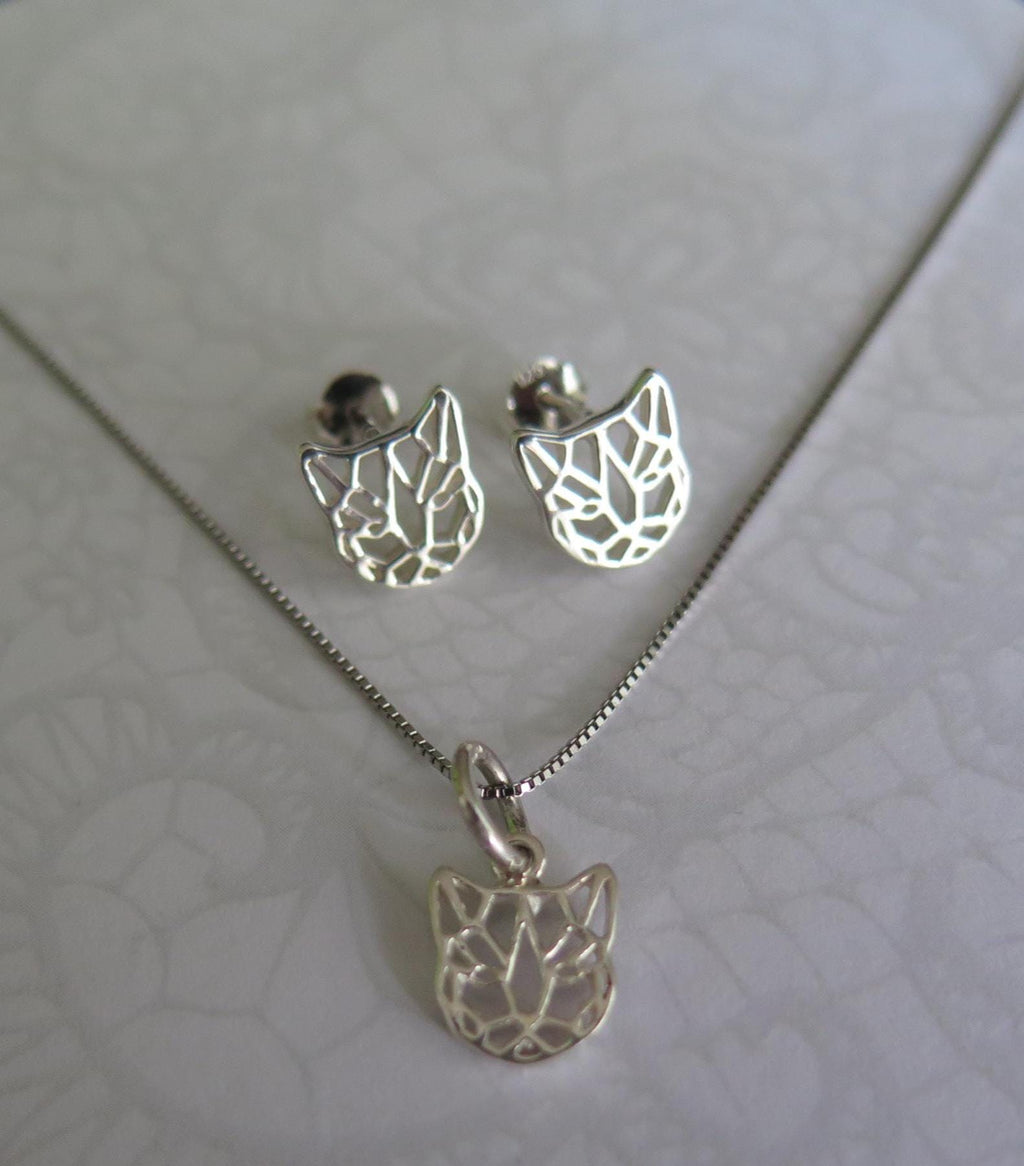 925 Sterling Silver Origami Tiger Pendant Necklace - 16 Inch Chain with Push Back Earrings - Minimalist Dainty Jewelry, Unique Gift
