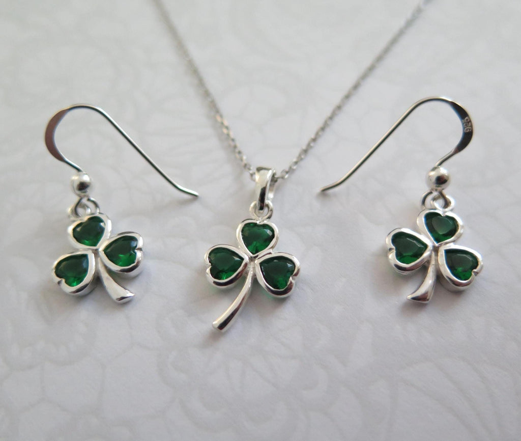 Shamrock Pendant Necklace with Earrings –  Emerald Crystal Gemstone, 925 Sterling Silver Clover Charm, 18 Inch Chain, Minimalist Boho Gift
