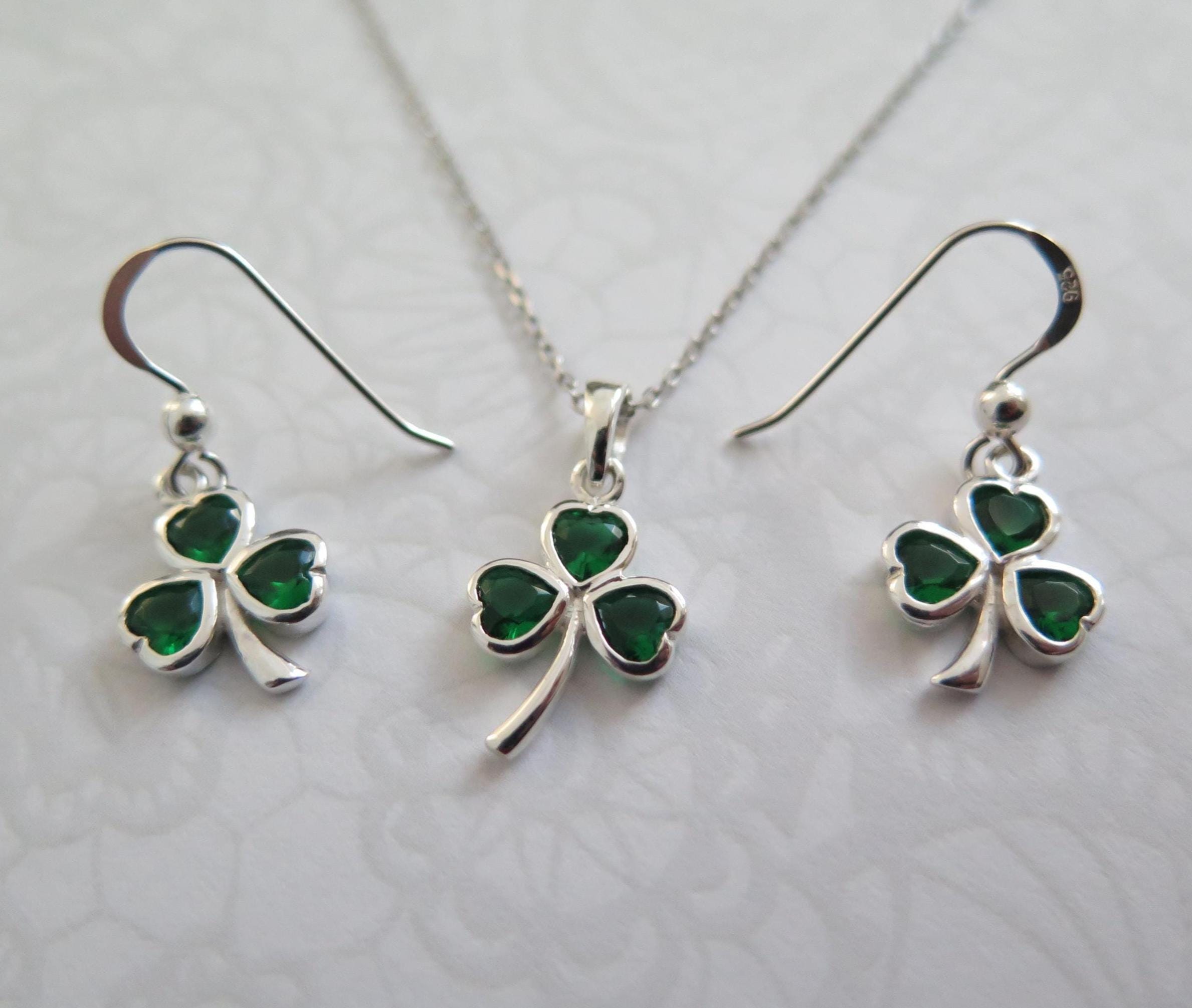 Shamrock Pendant Necklace with Earrings –  Emerald Crystal Gemstone, 925 Sterling Silver Clover Charm, 18 Inch Chain, Minimalist Boho Gift