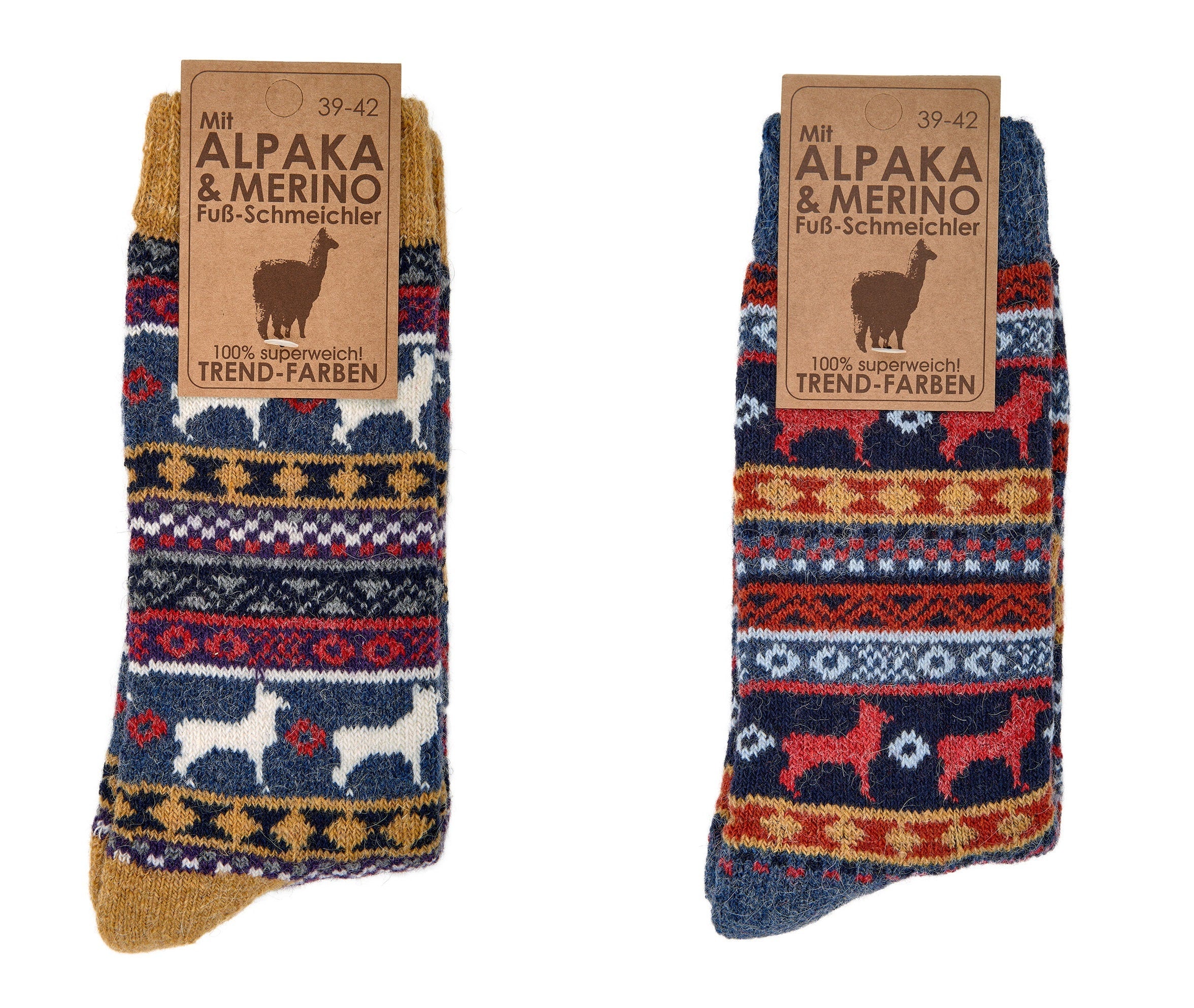 2 Pairs of Merino & Alpaca Wool Peruvian Pattern, Norwegian Wool Socks for Men and women