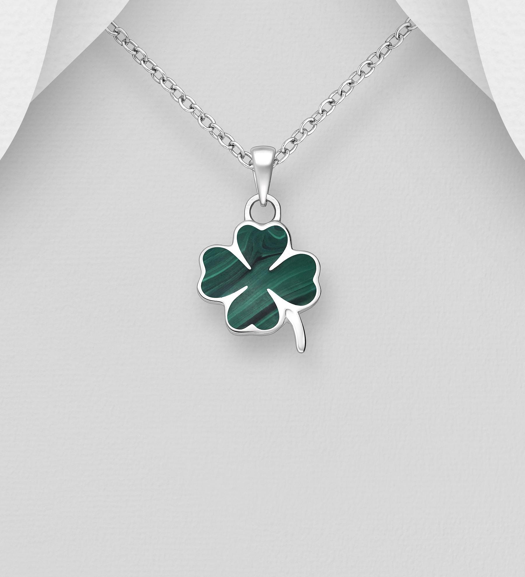 Shamrock Pendant with 18 Inch Chain – Green and Turquoise Gemstone, 925 Silver Lucky Clover Necklace, Charm Minimalist Boho Gift, Shamrock