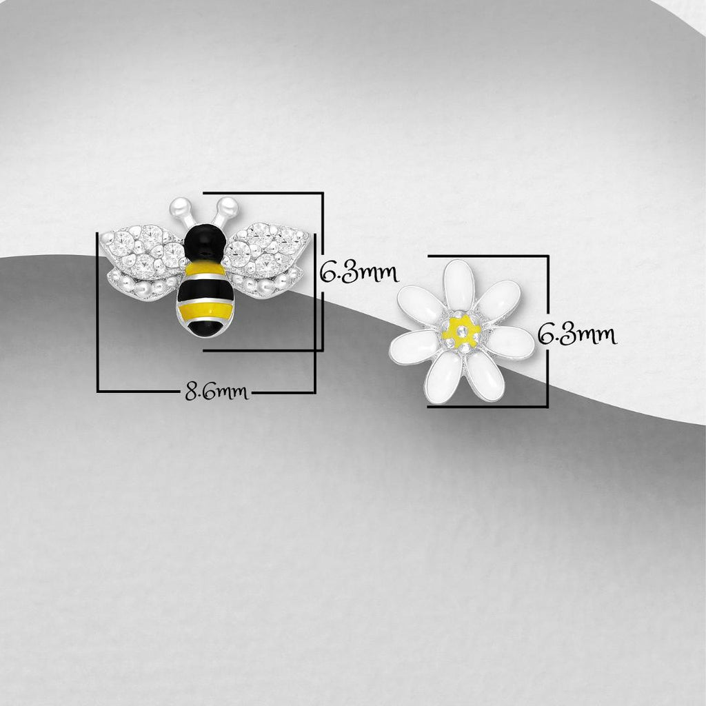 925 Sterling Silver Bee & Flower Push Back Earrings – Enamel Color and CZ Diamond Studs – Dainty Nature-Inspired Jewelry, Two-Tone Elegance