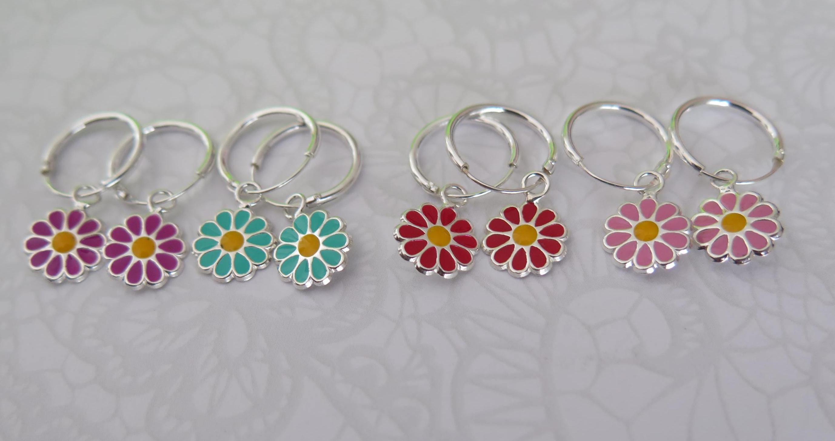 925 Sterling Silver Floral Hoop Earrings - Pink Red Purple Turquoise Enamel Flower Jewelry - Boho Gift for Women - Handmade Dainty Chic