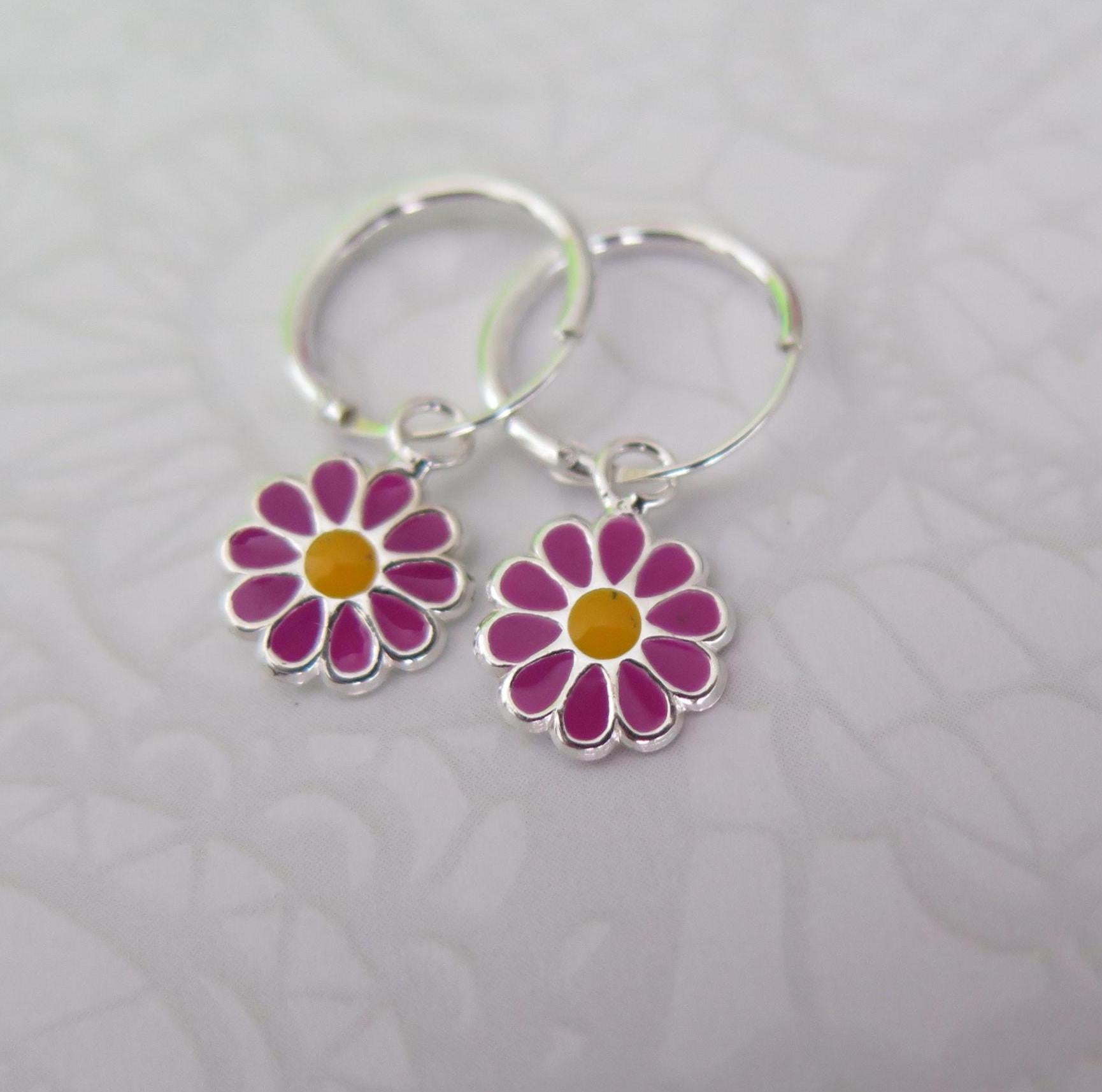 925 Sterling Silver Floral Hoop Earrings - Pink Red Purple Turquoise Enamel Flower Jewelry - Boho Gift for Women - Handmade Dainty Chic