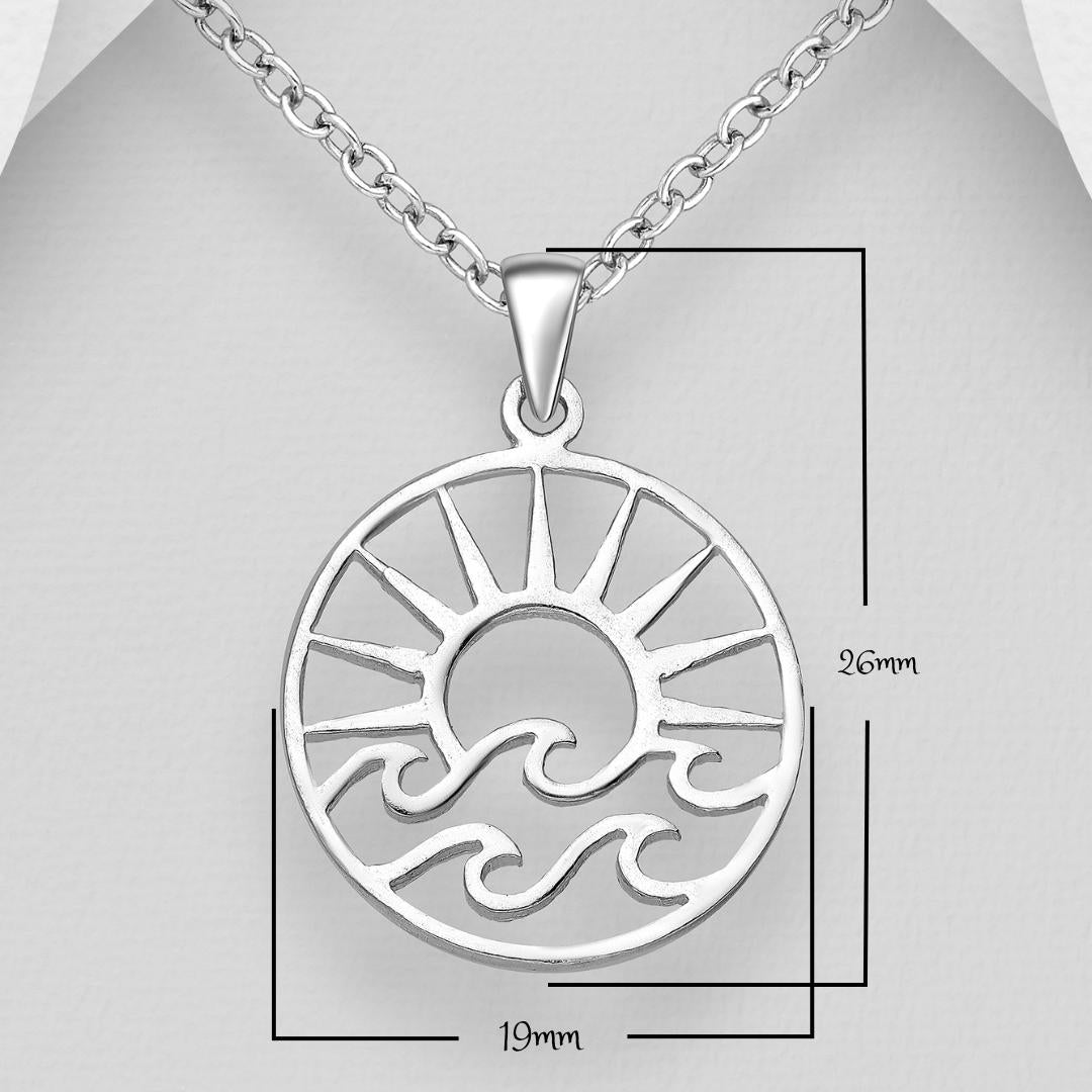 Sterling Silver Wave and Sun Pendant Necklace – 925 Silver 16" Chain – Boho Beach Jewelry, Nautical Gift, Handmade Dainty Silver Necklace