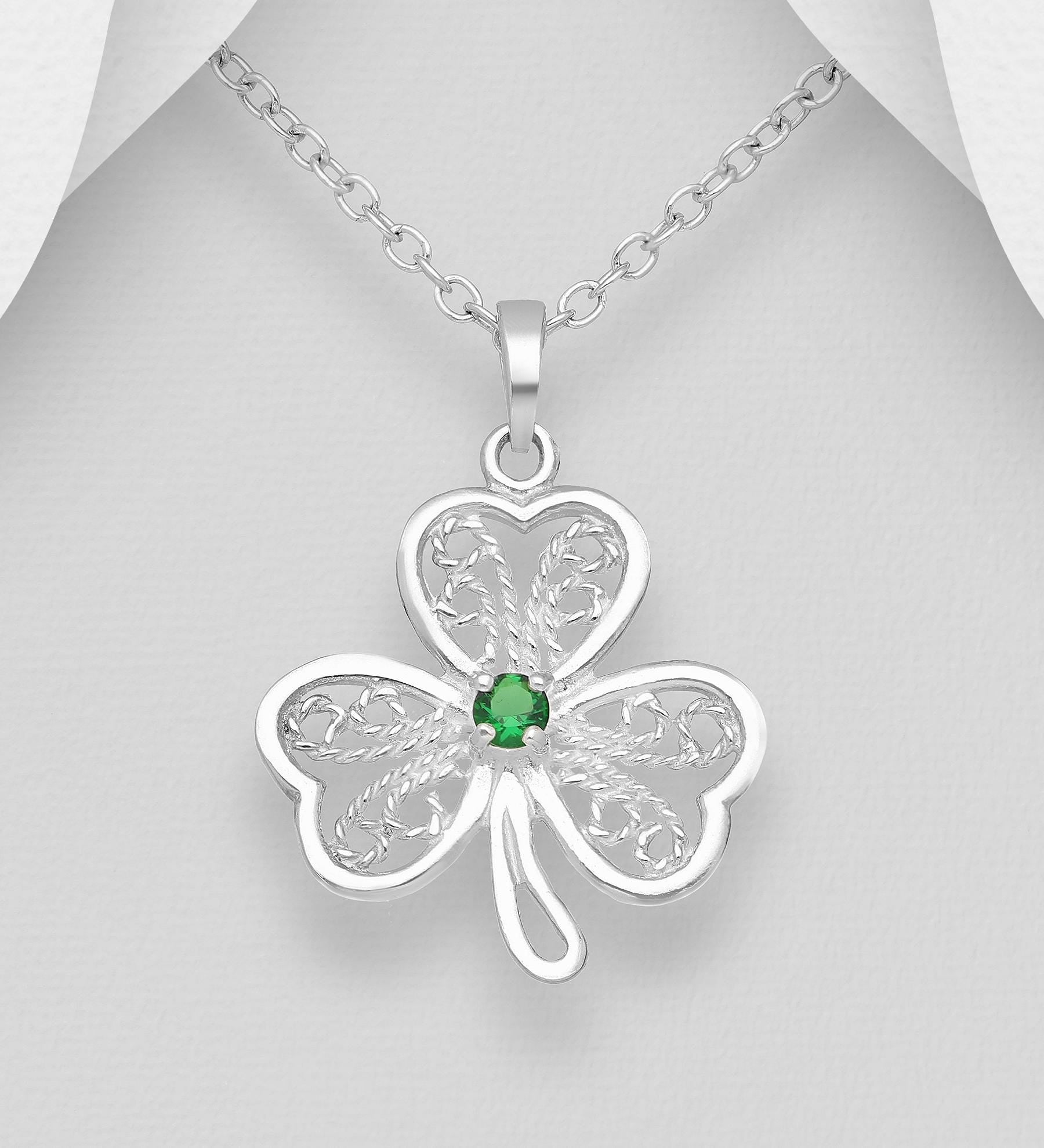 Shamrock Pendant with 18 Inch Chain – Green and Turquoise Gemstone, 925 Silver Lucky Clover Necklace, Charm Minimalist Boho Gift, Shamrock