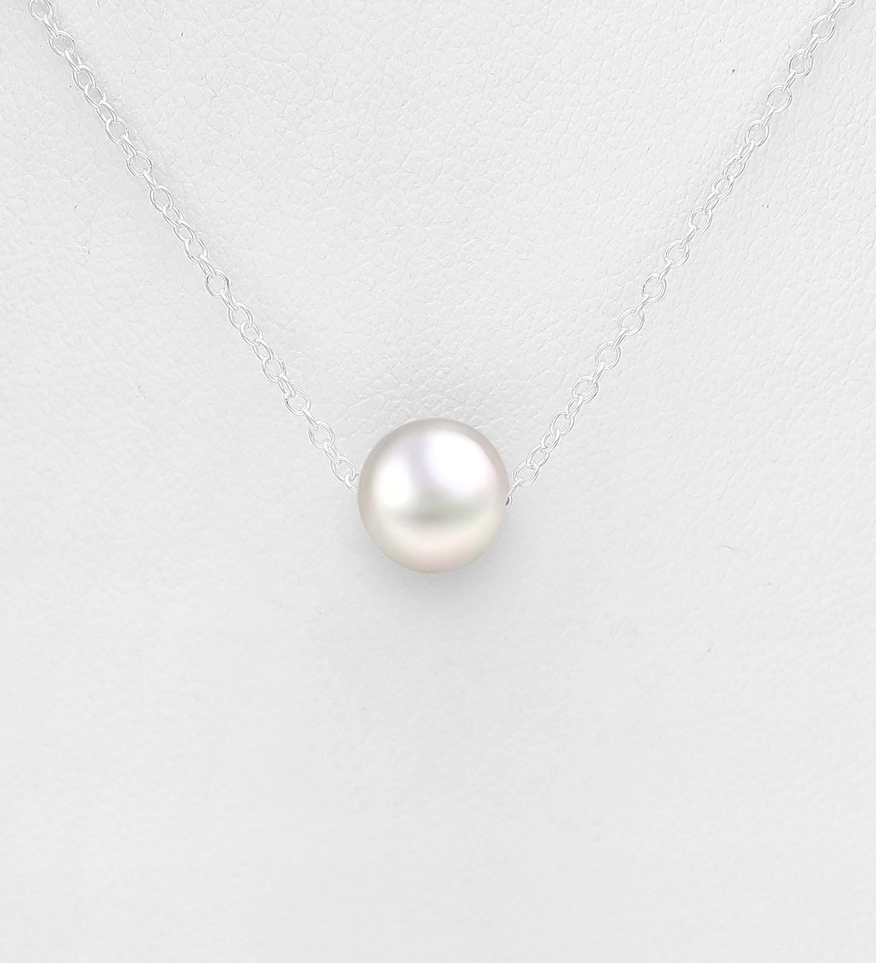 925 Sterling Silver Pearl Necklace & Hoop Earrings Set – 6-7mm Beaded with Freshwater Pearls (Black/White/Peach) – 15-17 Inch Silver Chain