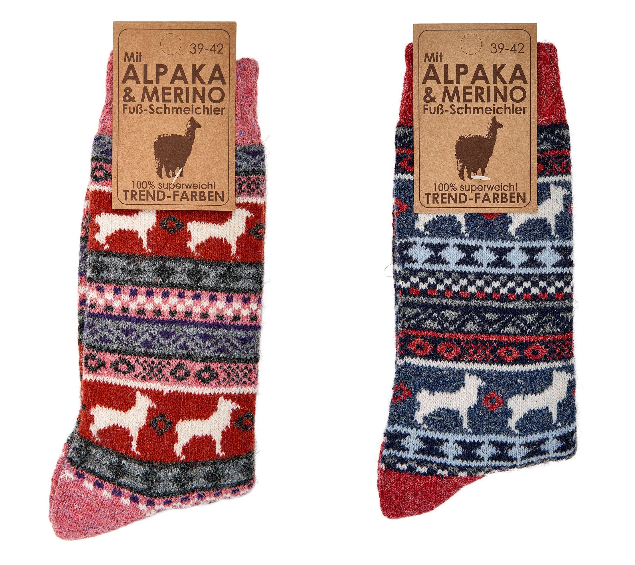 2 Pairs of Merino & Alpaca Wool Peruvian Pattern, Norwegian Wool Socks for Men and women