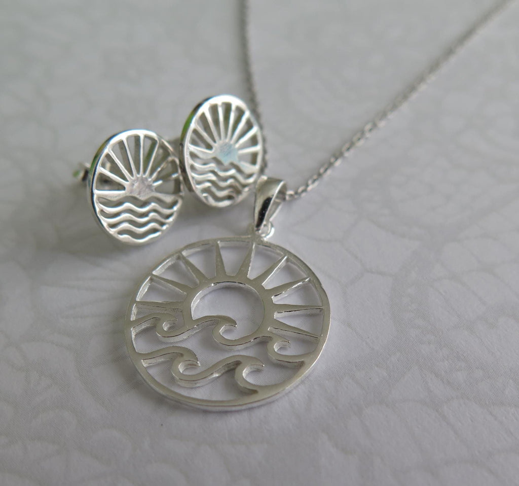 Sterling Silver Wave and Sun Pendant Necklace – 925 Silver 16" Chain – Boho Beach Jewelry, Nautical Gift, Handmade Dainty Silver Necklace